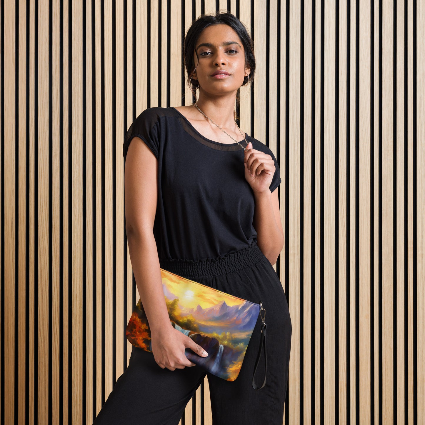 Majestic Mountain Range Crossbody Bag - Colorful Oil Painting of Autumn Sunset With Waterfall & Creek, Stylish And Unique Everyday Accessory