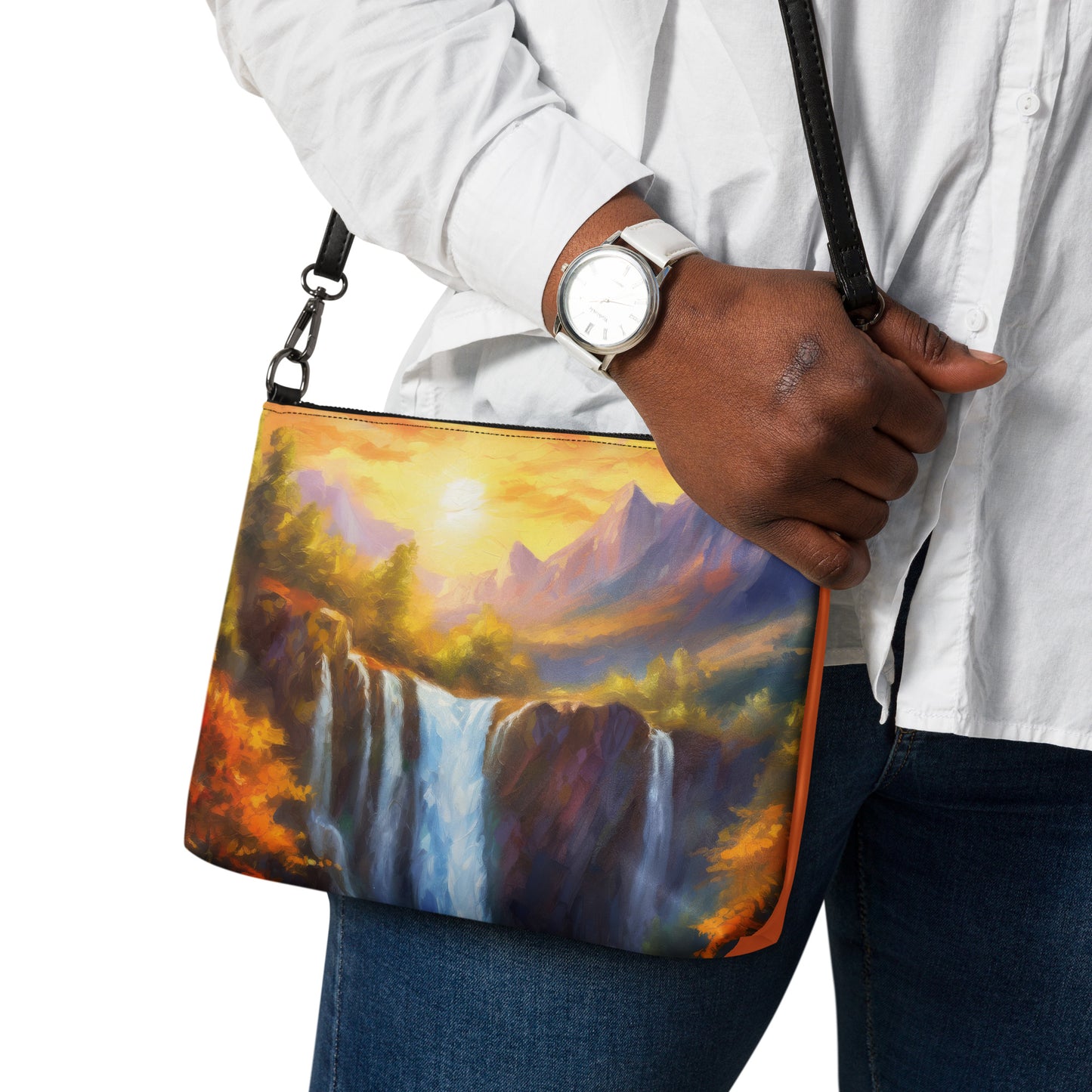 Majestic Mountain Range Crossbody Bag - Colorful Oil Painting of Autumn Sunset With Waterfall & Creek, Stylish And Unique Everyday Accessory