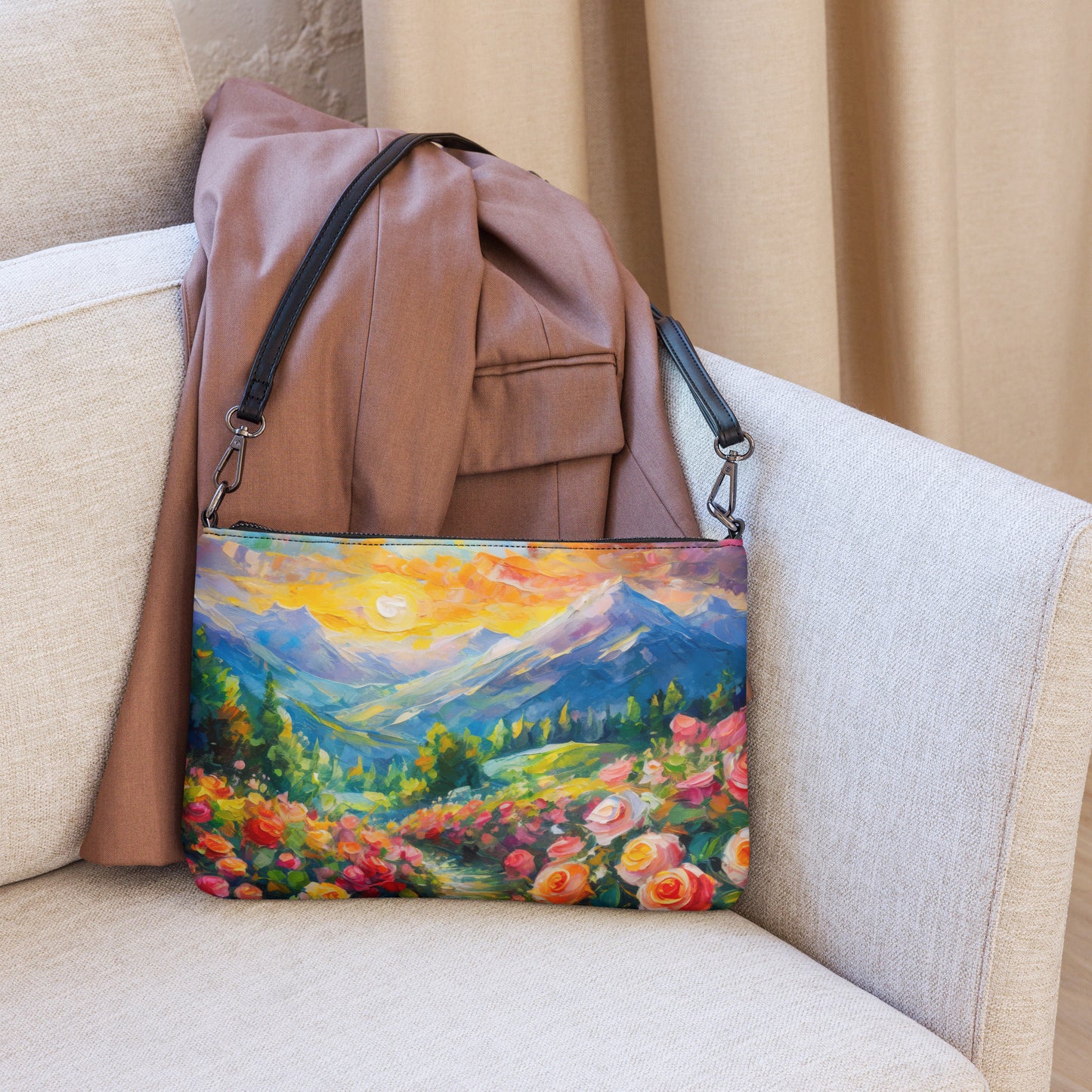 Scenic Mountain Sunset Crossbody Bag - Majestic Oil Painting, Nature Lovers Gift, Colorful Stylish Accessory, Perfect For Travel & Daily Use