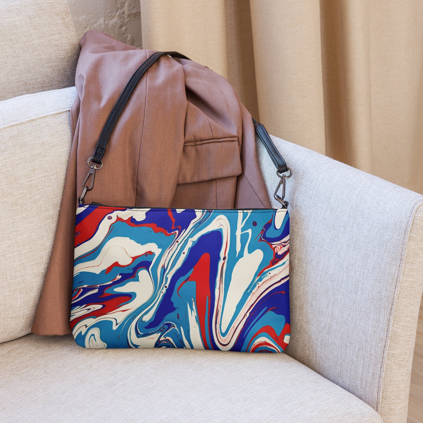 Red, White & Blue Abstract Flow Painting Crossbody Bag - Unique Art Lovers Gift, Handmade Stylish Accessory, Fun And Perfect Holiday Present