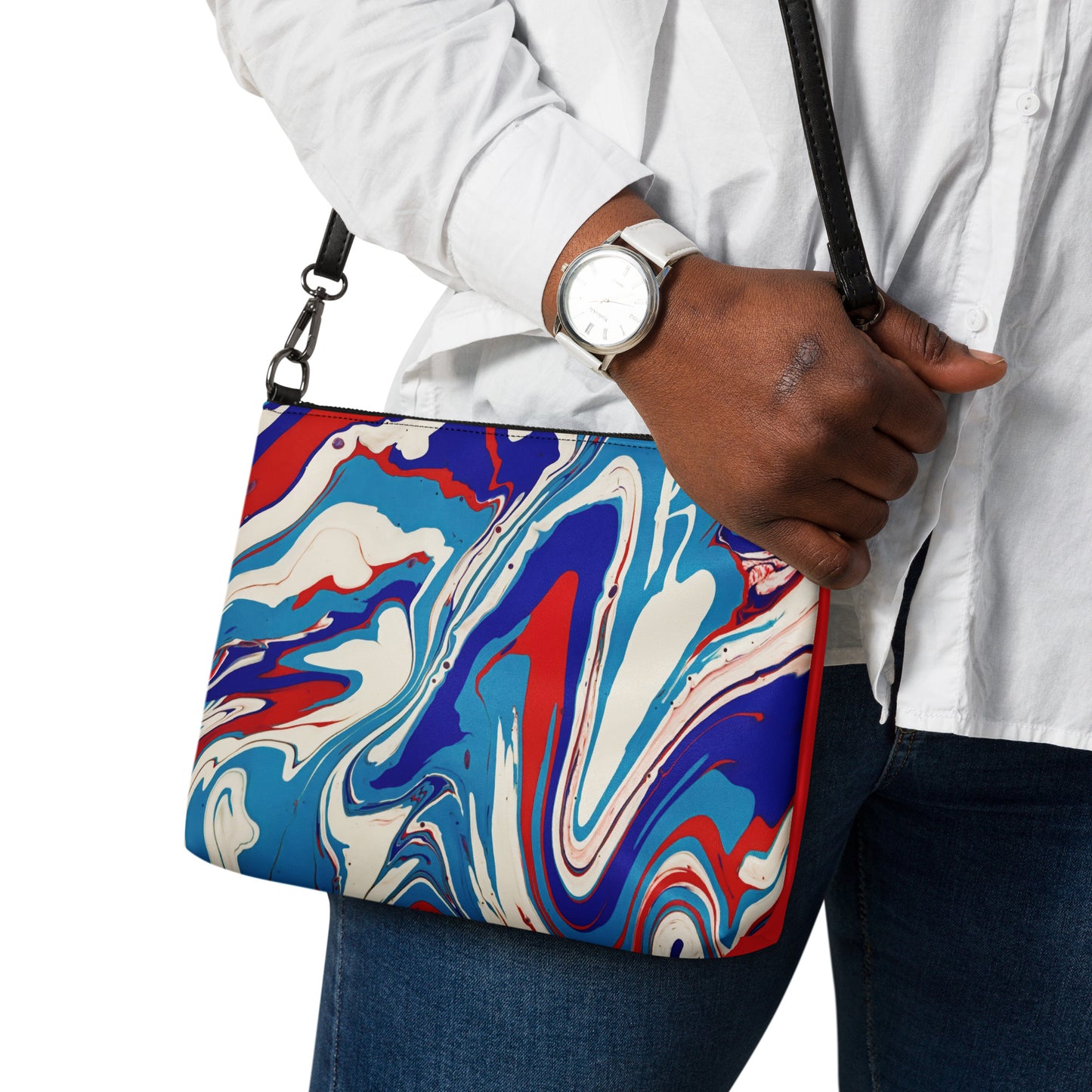 Red, White & Blue Abstract Flow Painting Crossbody Bag - Unique Art Lovers Gift, Handmade Stylish Accessory, Fun And Perfect Holiday Present