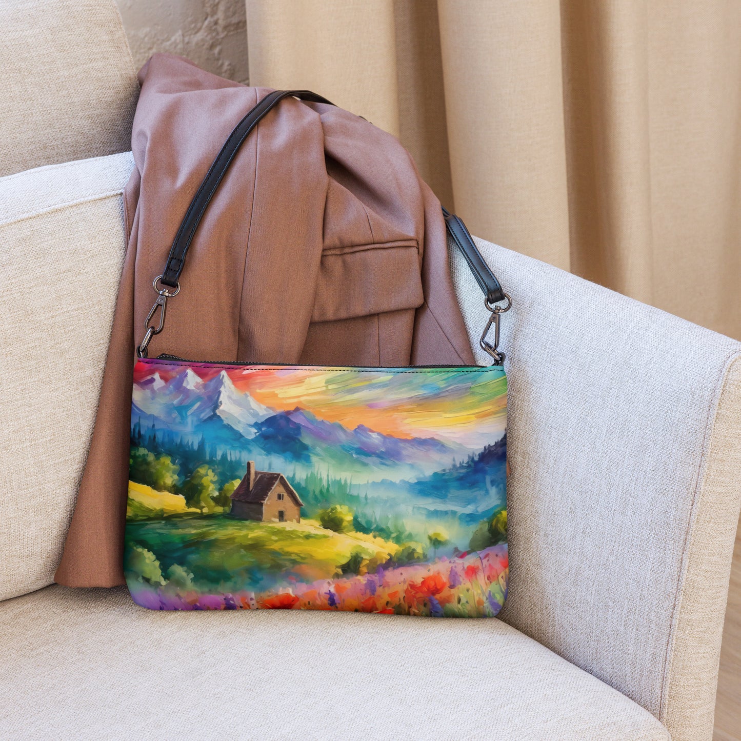 Stylish Van Gogh-Inspired Crossbody Bag With Scenic Mountain Range, Sunset, Cabin & Floral Rose Fields - Artful And Colorful Accessory Gift