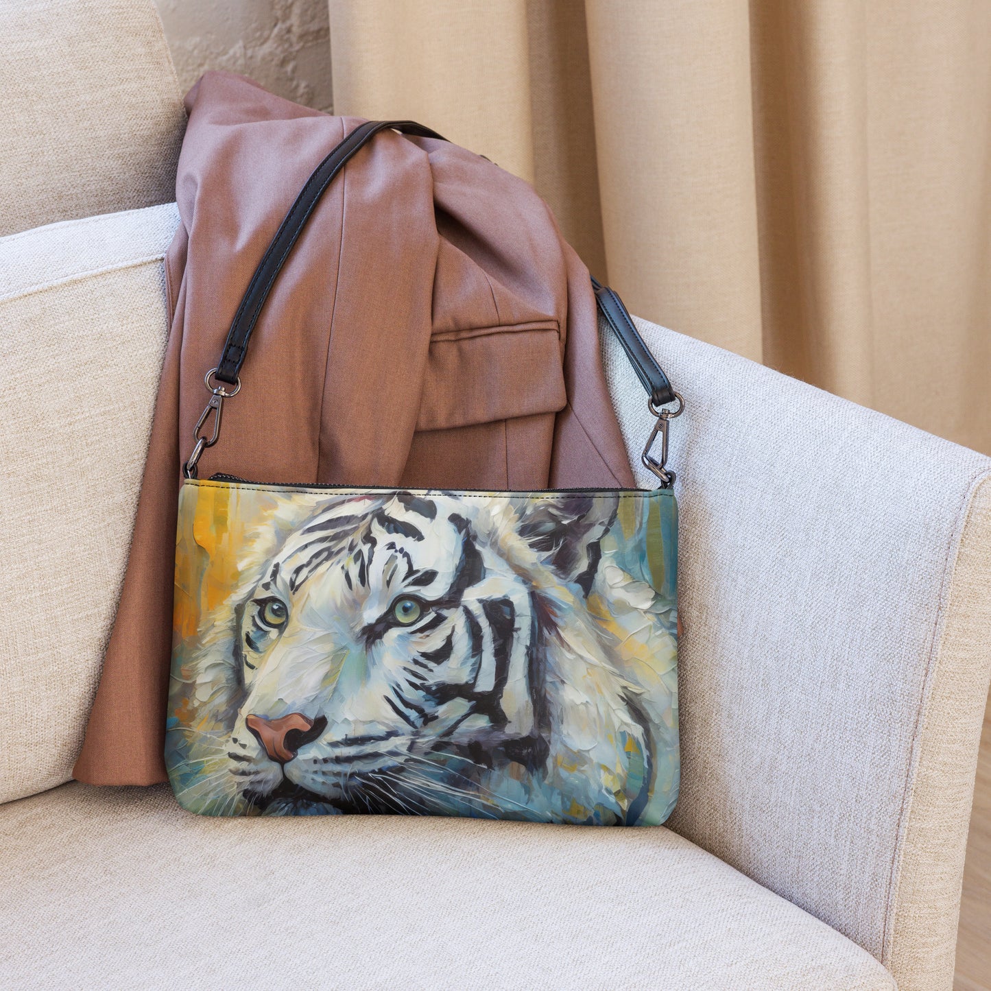 Elegant Crossbody Bag - Majestic White Tiger Oil Painting - Vibrant, Stylish & Unique Gift Accessory For Friends, Nature And Wildlife Lovers
