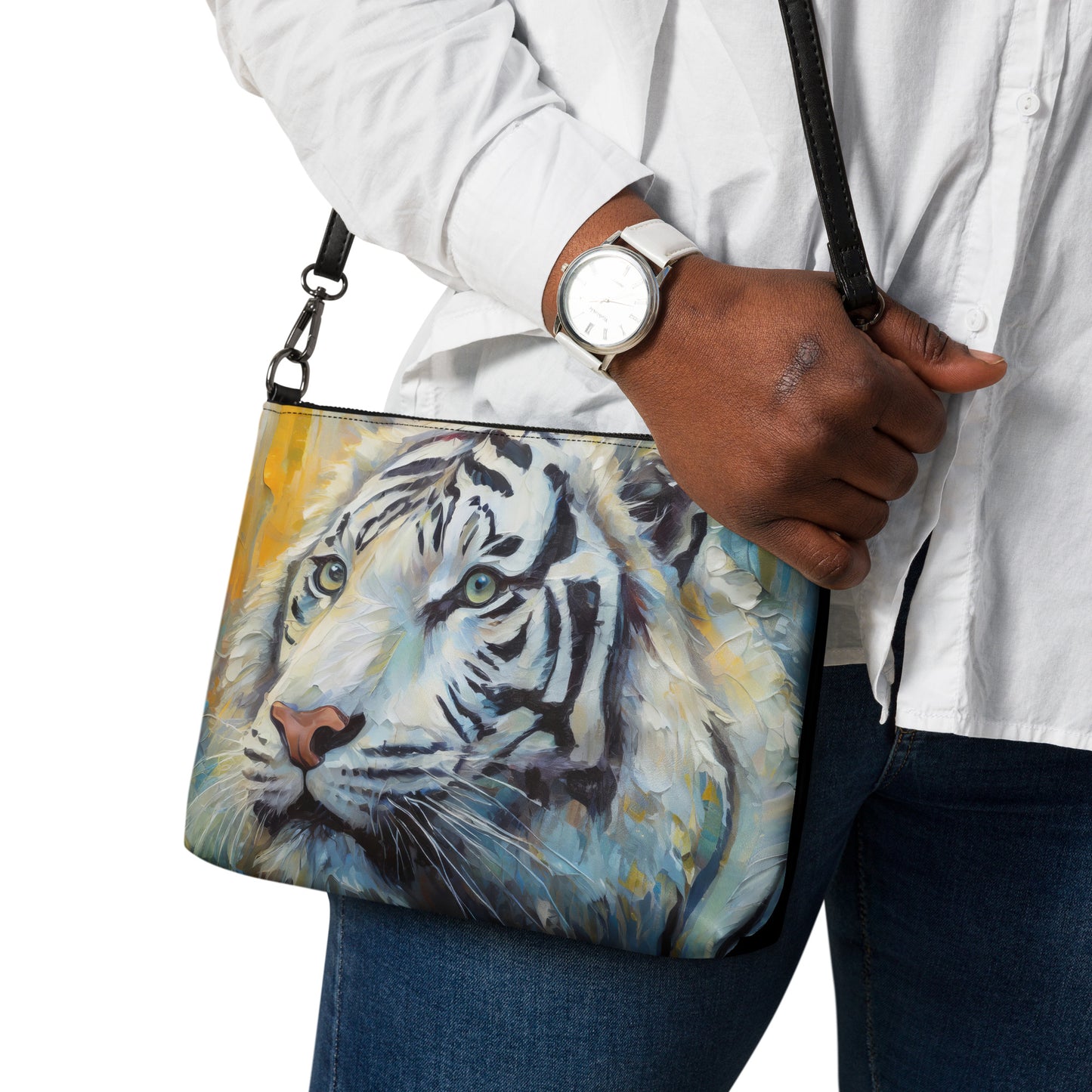 Elegant Crossbody Bag - Majestic White Tiger Oil Painting - Vibrant, Stylish & Unique Gift Accessory For Friends, Nature And Wildlife Lovers