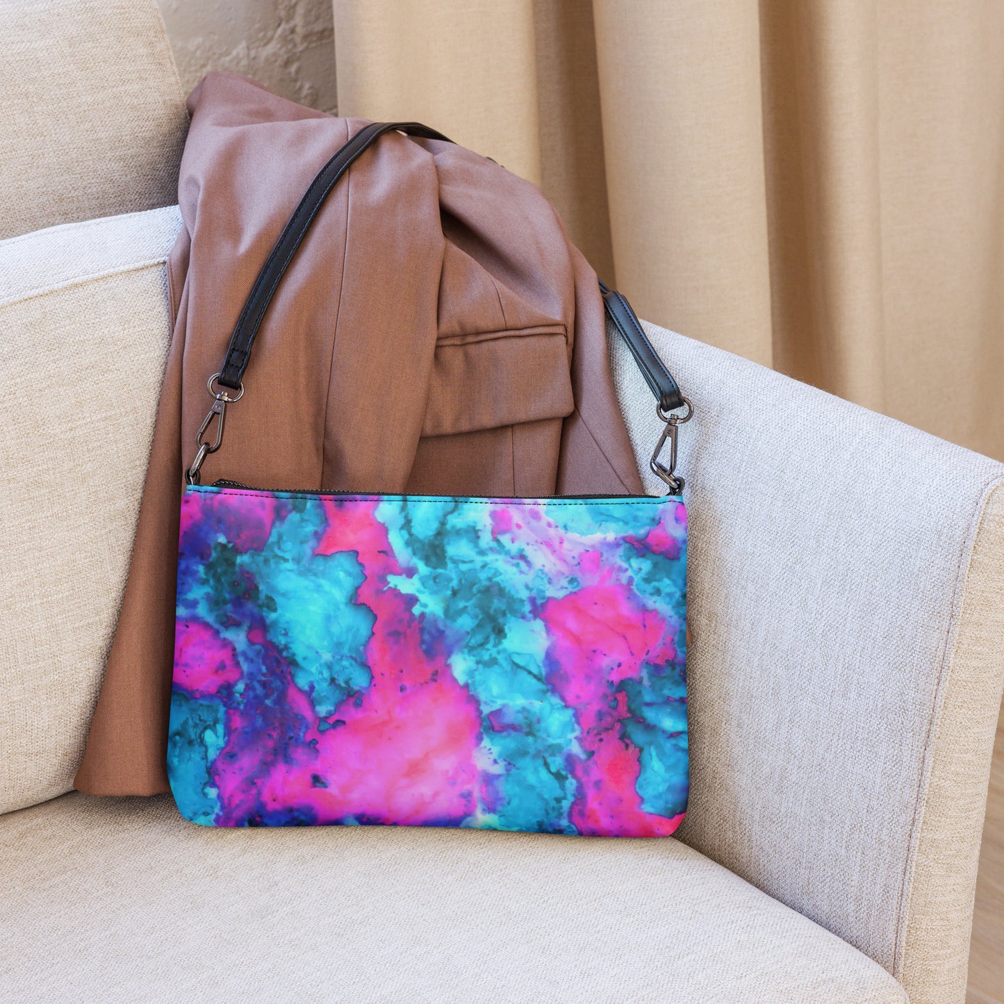 Vibrant Marble Abstract Crossbody Bag - Magenta & Cyan Art - Stylish & Functional - Perfect for Art Lovers