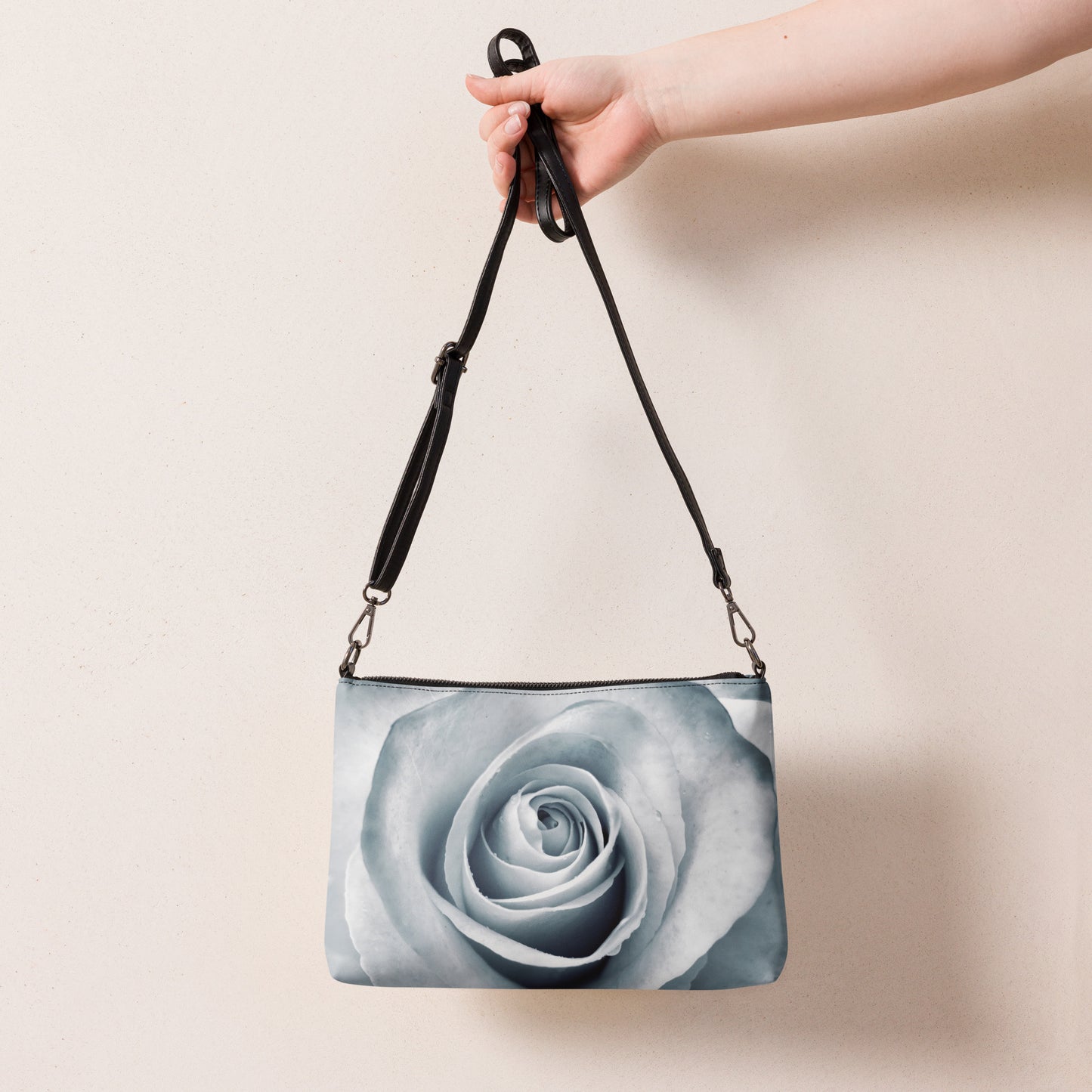 Elegant White Rose Macro Photograph On Fine Art Crossbody Bag - Perfect Gift For Contemporary Art, Nature, Flower & B&W Photography Lovers