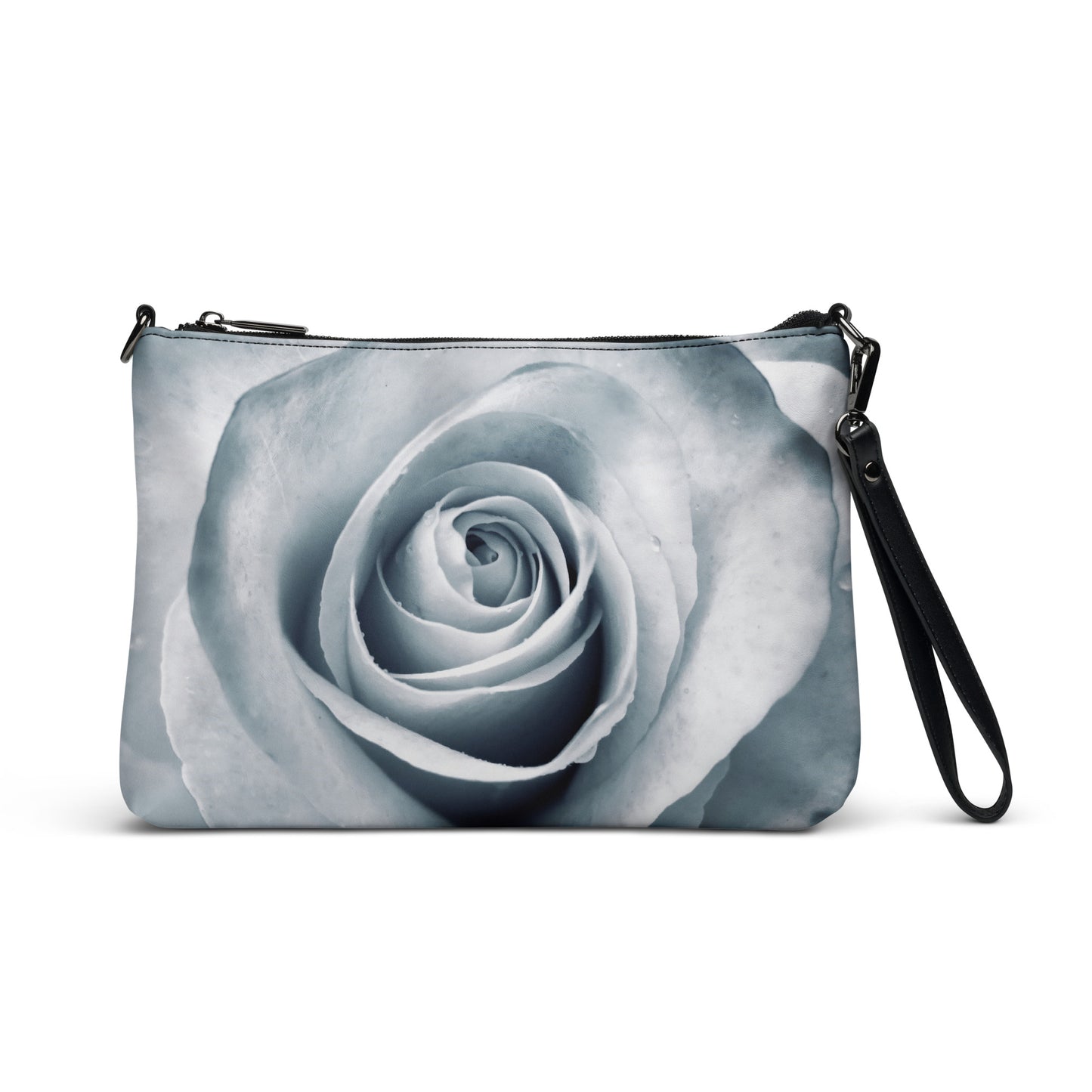 Elegant White Rose Macro Photograph On Fine Art Crossbody Bag - Perfect Gift For Contemporary Art, Nature, Flower & B&W Photography Lovers