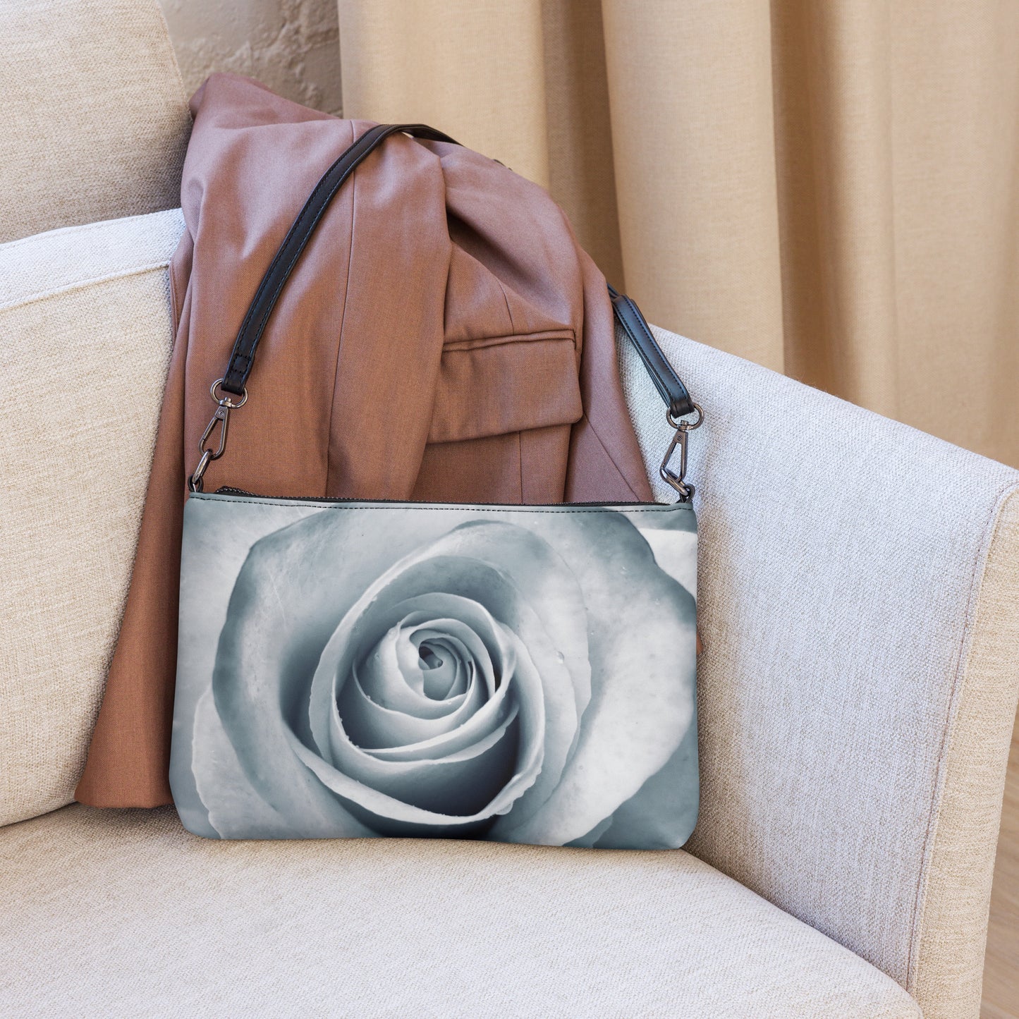 Elegant White Rose Macro Photograph On Fine Art Crossbody Bag - Perfect Gift For Contemporary Art, Nature, Flower & B&W Photography Lovers