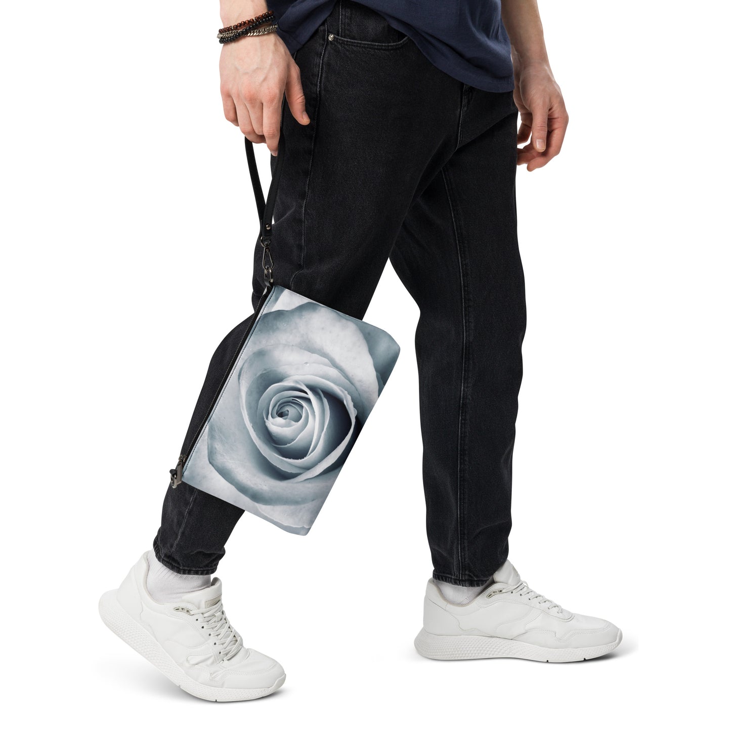 Elegant White Rose Macro Photograph On Fine Art Crossbody Bag - Perfect Gift For Contemporary Art, Nature, Flower & B&W Photography Lovers