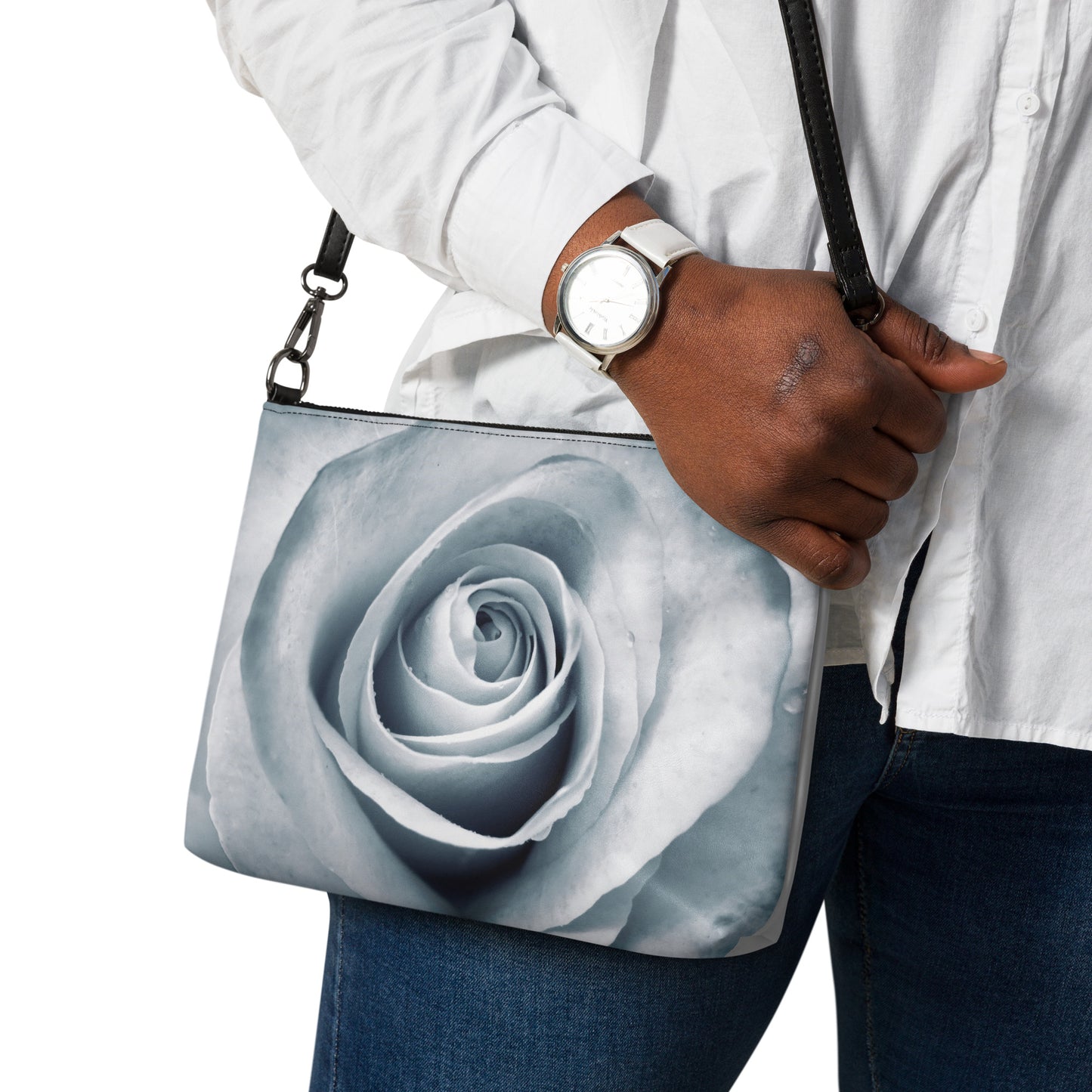 Elegant White Rose Macro Photograph On Fine Art Crossbody Bag - Perfect Gift For Contemporary Art, Nature, Flower & B&W Photography Lovers
