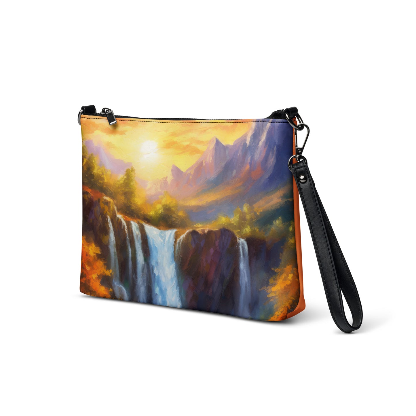Majestic Mountain Range Crossbody Bag - Colorful Oil Painting of Autumn Sunset With Waterfall & Creek, Stylish And Unique Everyday Accessory