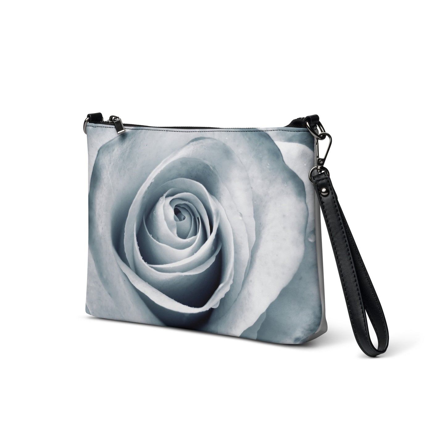 Elegant White Rose Macro Photograph On Fine Art Crossbody Bag - Perfect Gift For Contemporary Art, Nature, Flower & B&W Photography Lovers