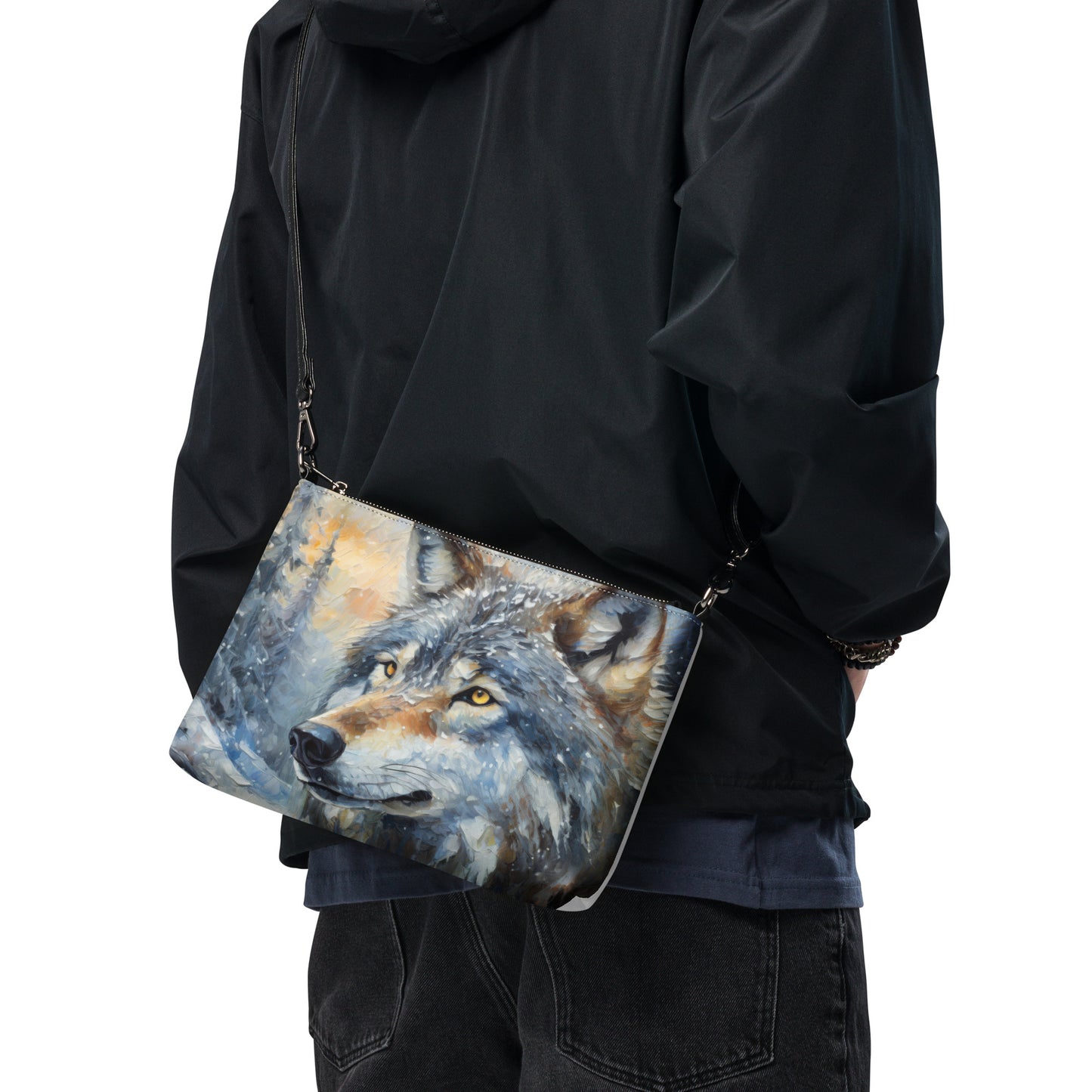 Vibrant Grey Wolf Cross Body Bag - Colorful Oil Painting, Winter Landscape, Perfect Nature & Wildlife Gift, Fun Stylish Everyday Accessory