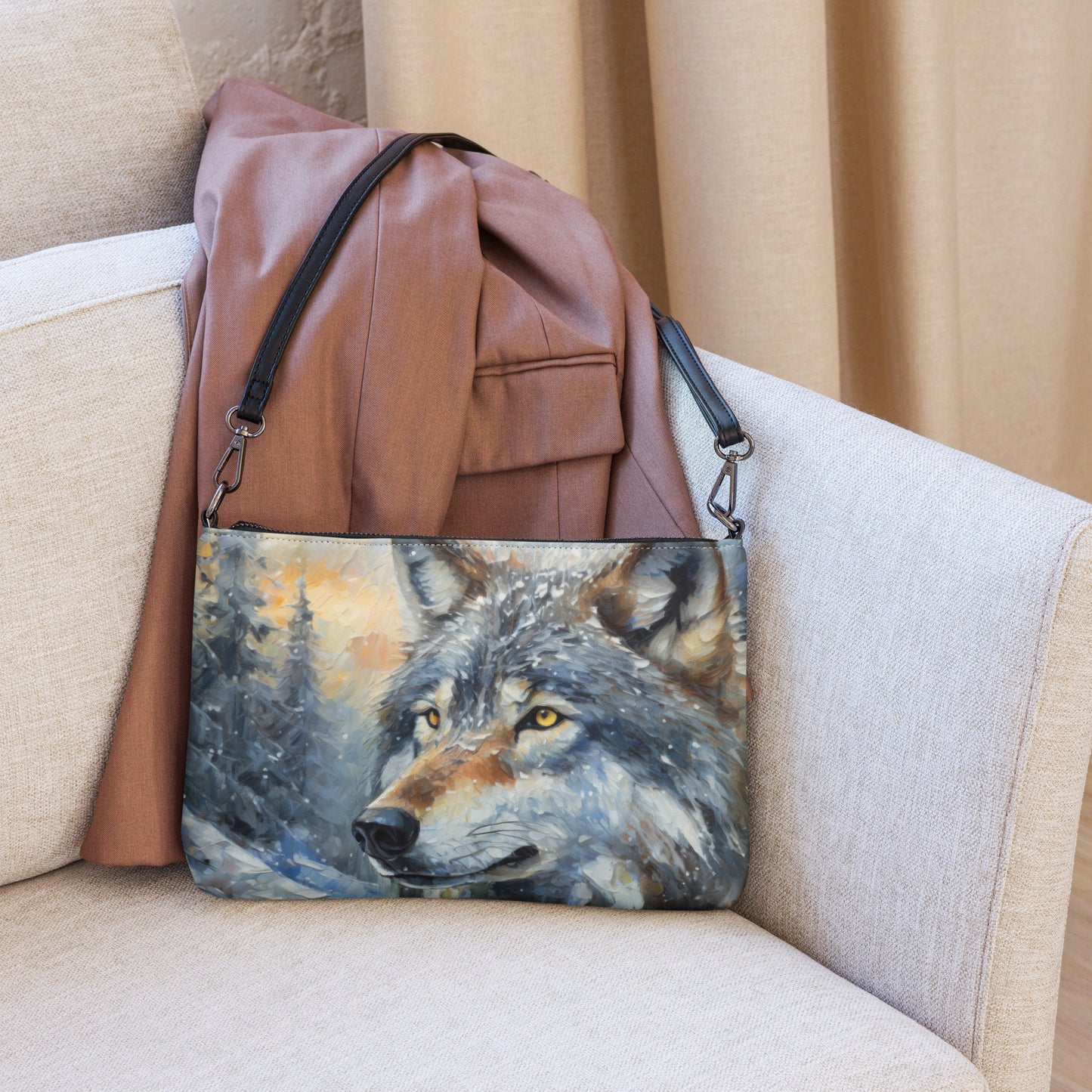 Vibrant Grey Wolf Cross Body Bag - Colorful Oil Painting, Winter Landscape, Perfect Nature & Wildlife Gift, Fun Stylish Everyday Accessory