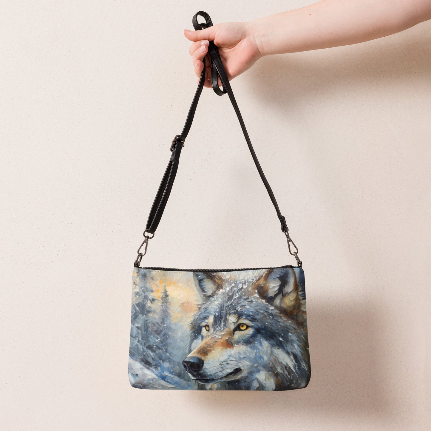 Vibrant Grey Wolf Cross Body Bag - Colorful Oil Painting, Winter Landscape, Perfect Nature & Wildlife Gift, Fun Stylish Everyday Accessory