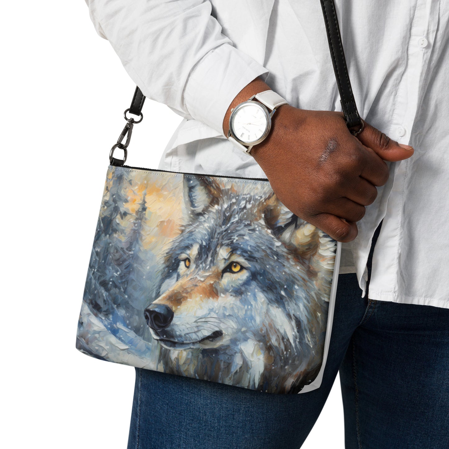 Vibrant Grey Wolf Cross Body Bag - Colorful Oil Painting, Winter Landscape, Perfect Nature & Wildlife Gift, Fun Stylish Everyday Accessory
