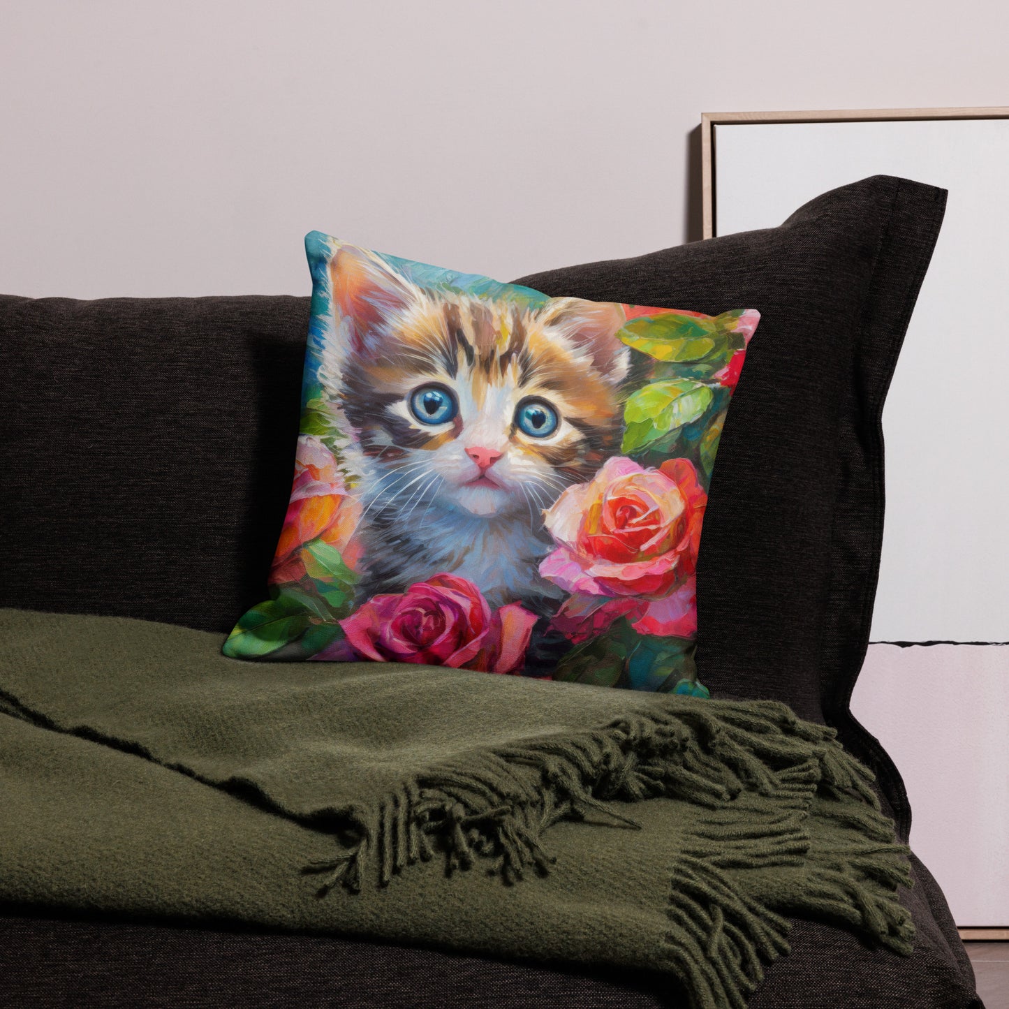 kitten, rose, rose bush, flowers, cute, cat, feline,