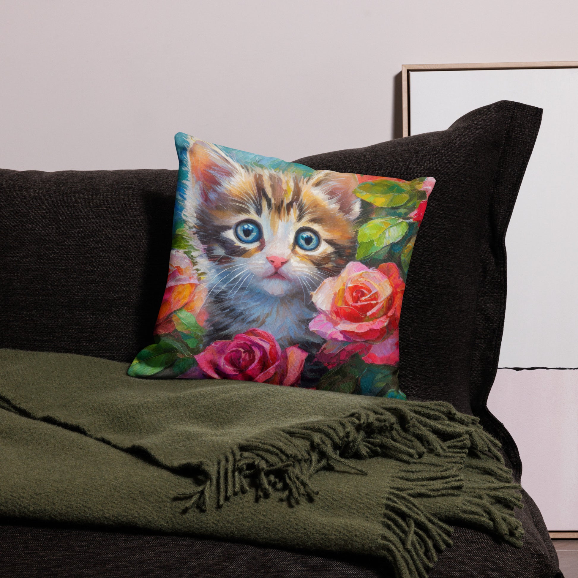 kitten, rose, rose bush, flowers, cute, cat, feline,