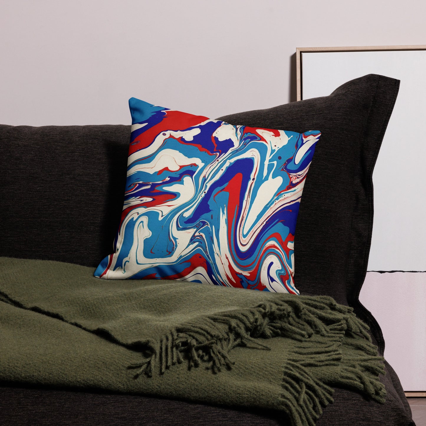 Premium Pillow With Vibrant Red, White, and Blue Acrylic Flow Painting - Elegant Abstract Art Gift For Bedroom And Living Room Couch Decor