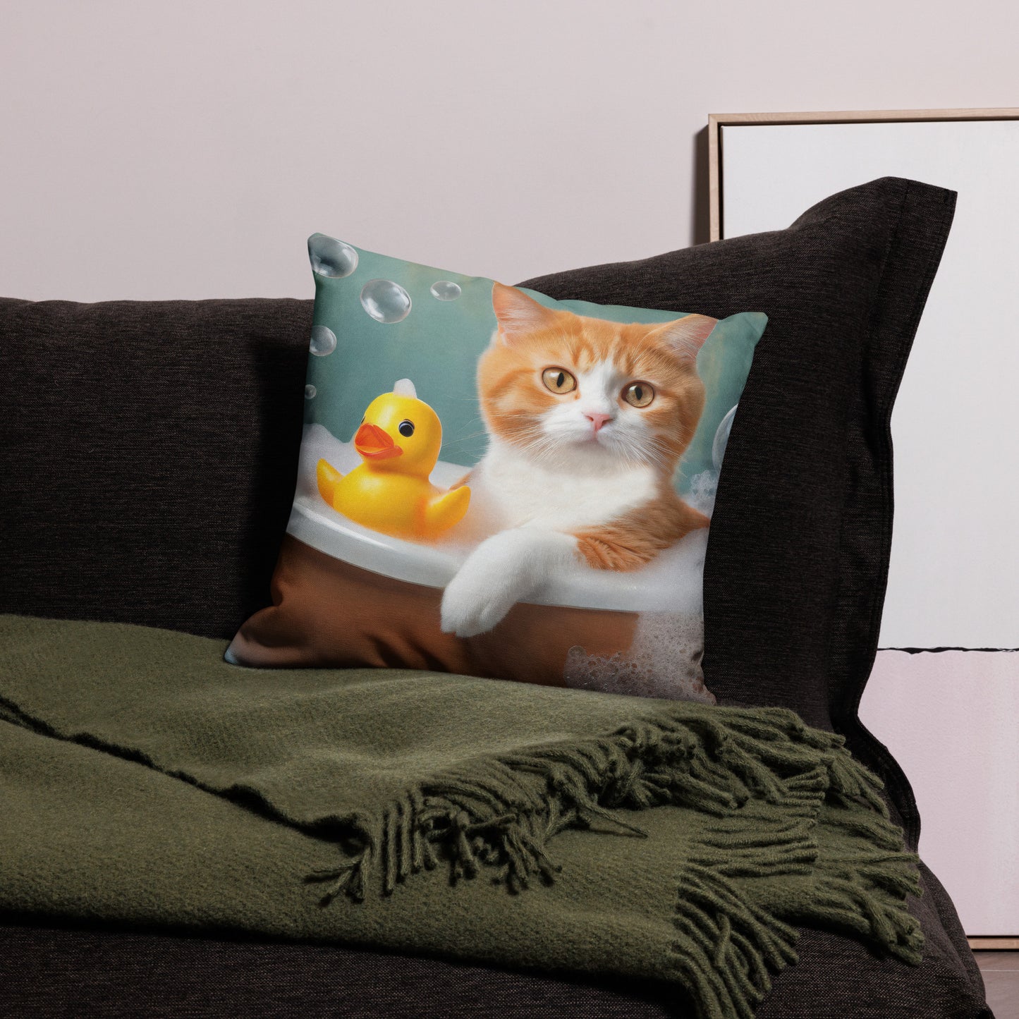 Premium Pillow With Adorable Cat Bubble Bath Print - Cute Home And Kids Bedroom Décor, Perfect Funny Gift For Cat Lovers & Pet Enthusiasts