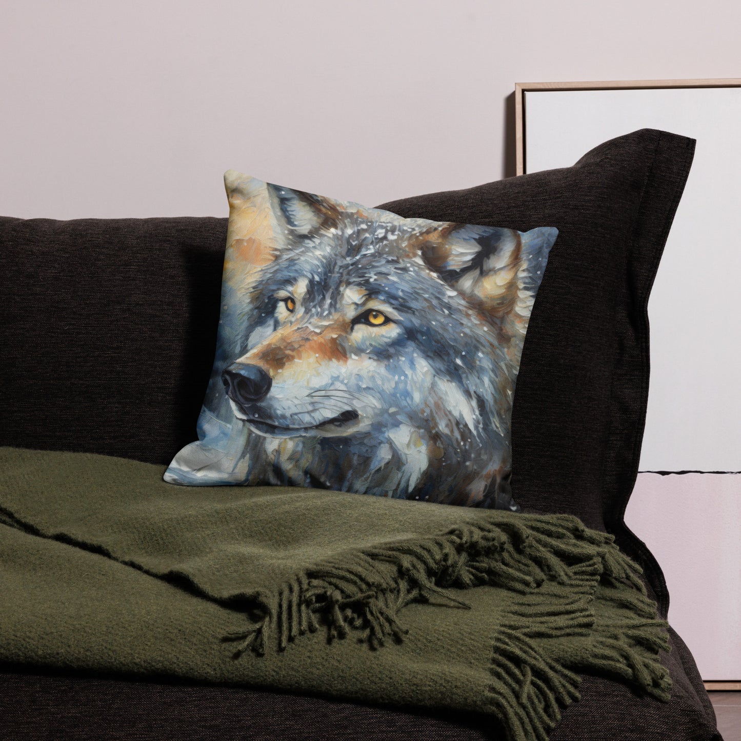Beautiful Grey Wolf Premium Pillow - Vibrant Oil Painting, Winter Landscape, Perfect Gift For Nature & Wildlife Lovers, Home Bedroom Décor