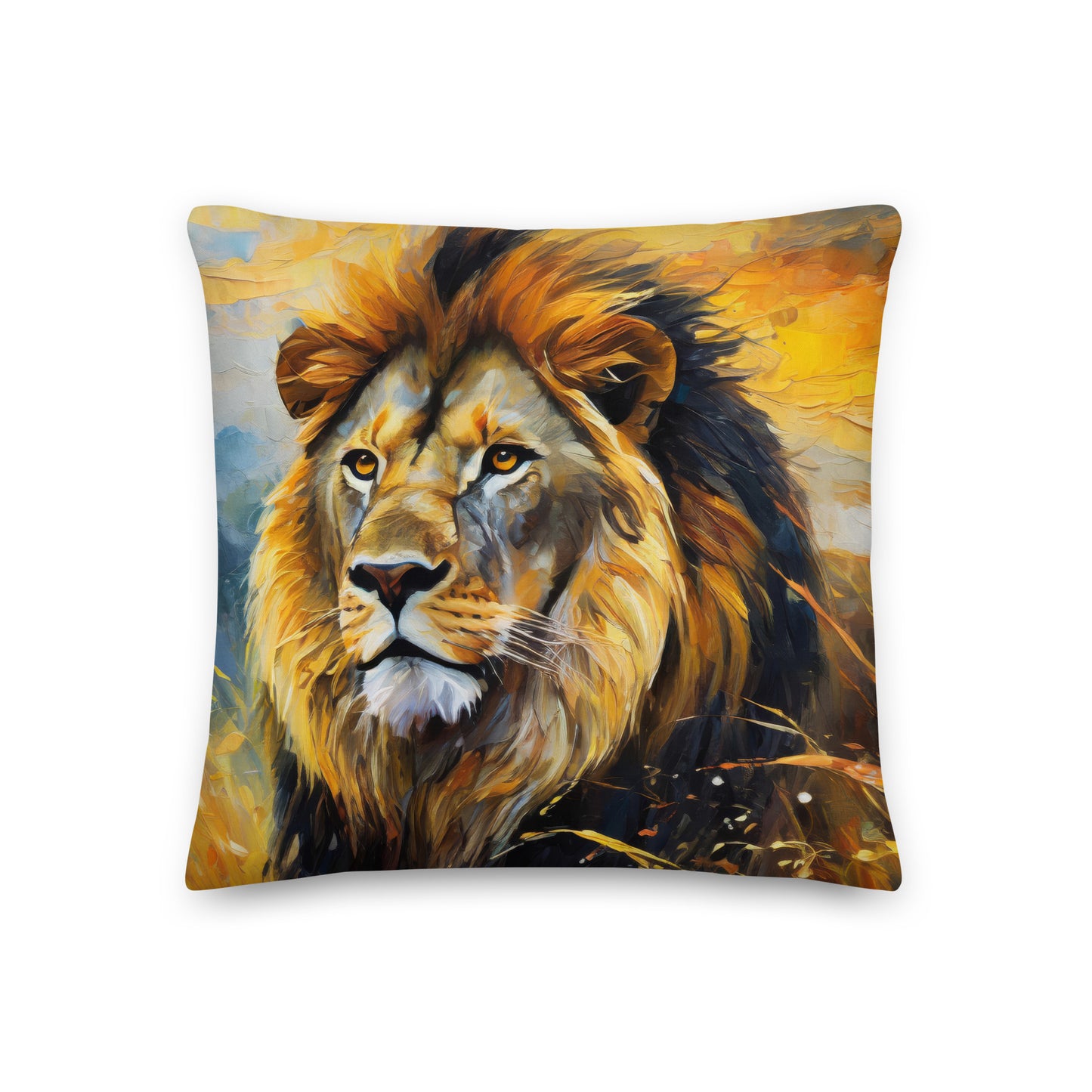 Majestic African Lion Premium Pillow - Vibrant Oil Painting Of Lion In Golden Fields Under Evening Sky - Stylish & Colorful Décor For Home