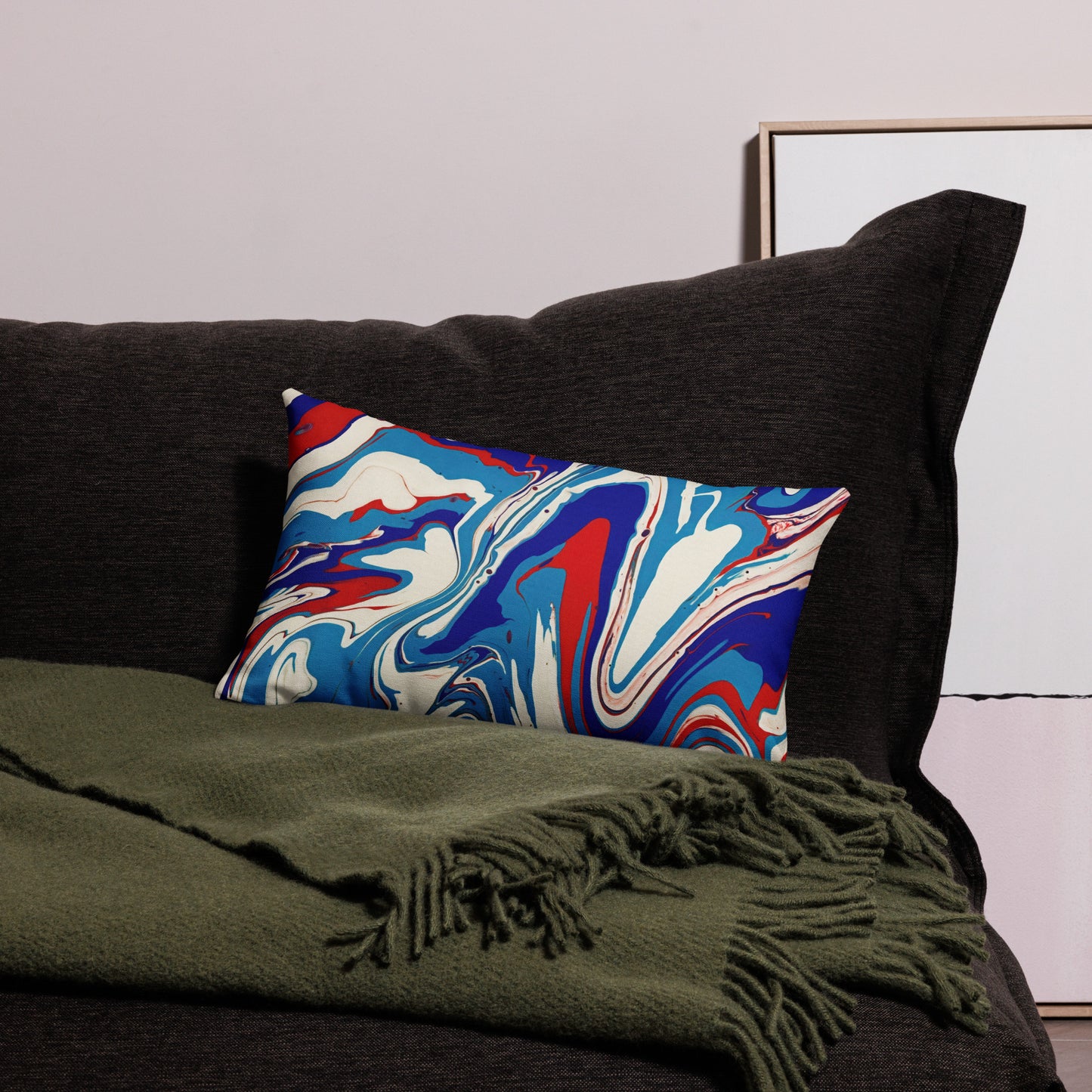 Premium Pillow With Vibrant Red, White, and Blue Acrylic Flow Painting - Elegant Abstract Art Gift For Bedroom And Living Room Couch Decor