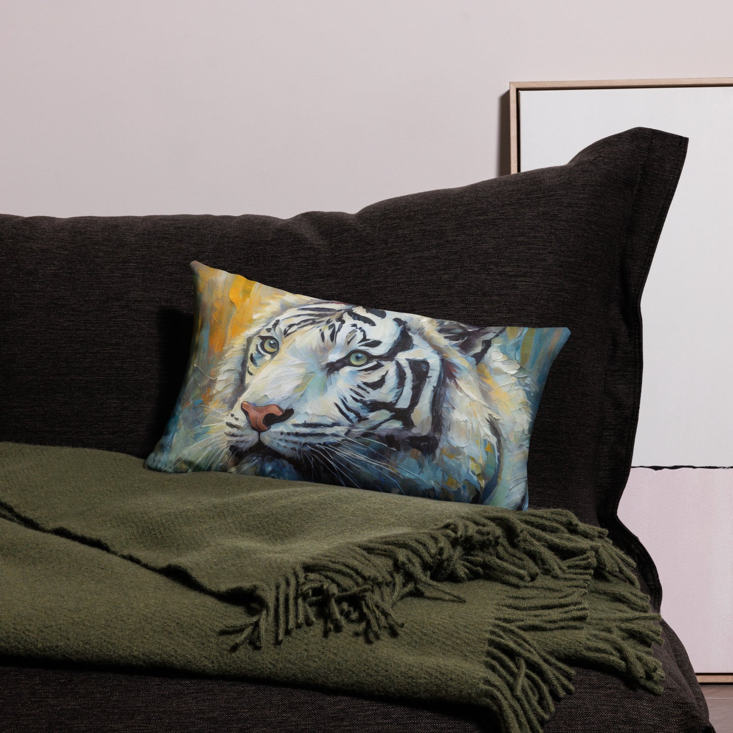 Elegant White Tiger Premium Pillow - Vibrant Oil Painting, Perfect Couch Décor For Living Rooms, Bedrooms, Offices, Nature & Wildlife Lovers