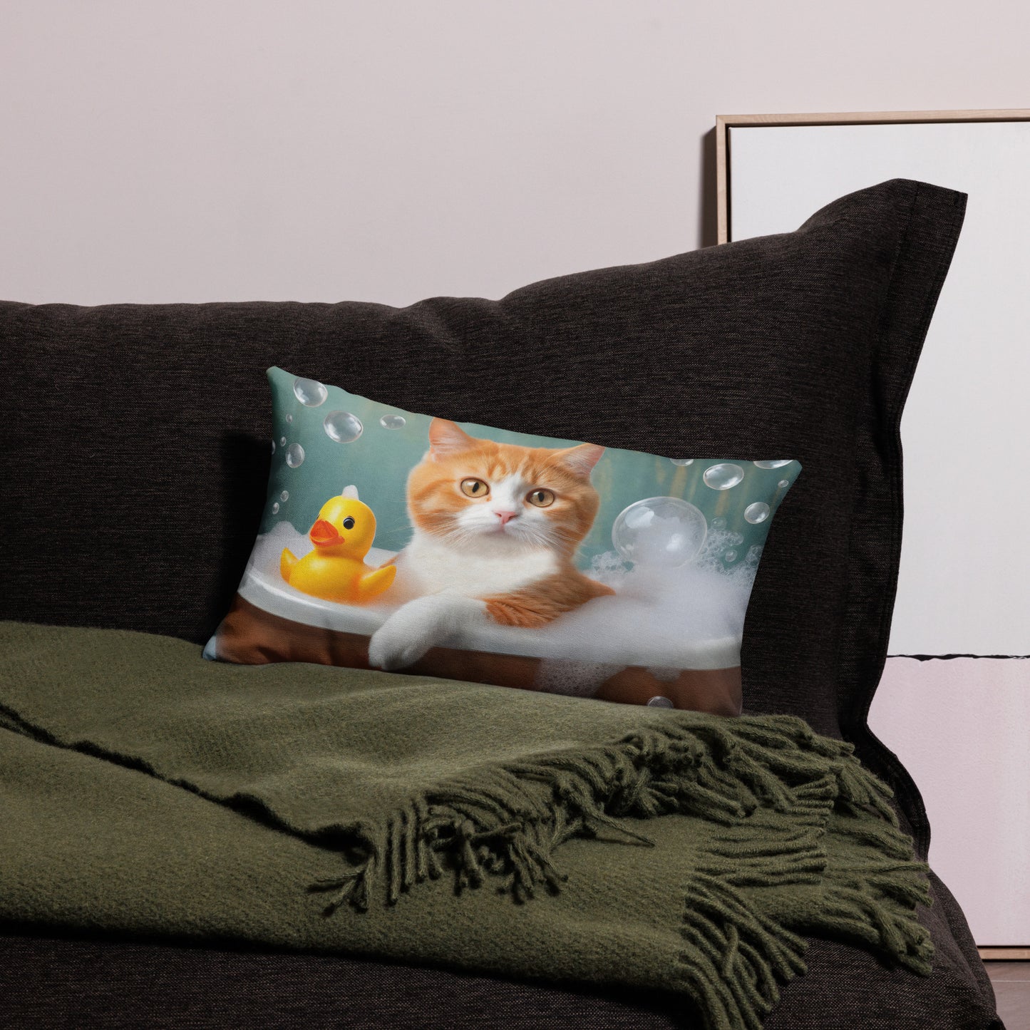 Premium Pillow With Adorable Cat Bubble Bath Print - Cute Home And Kids Bedroom Décor, Perfect Funny Gift For Cat Lovers & Pet Enthusiasts