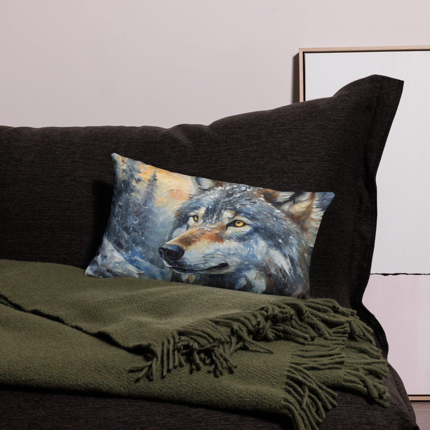 Beautiful Grey Wolf Premium Pillow - Vibrant Oil Painting, Winter Landscape, Perfect Gift For Nature & Wildlife Lovers, Home Bedroom Décor