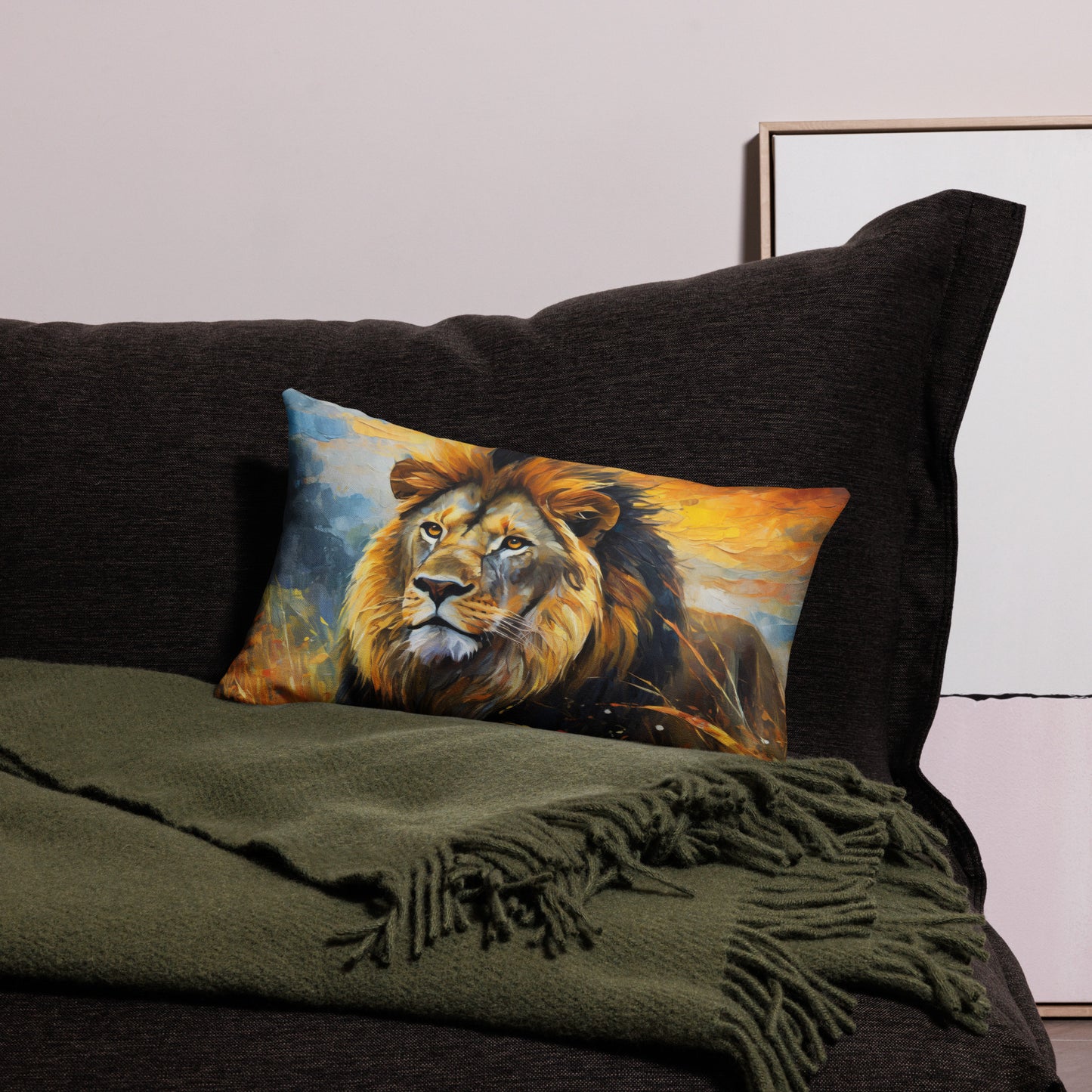 Majestic African Lion Premium Pillow - Vibrant Oil Painting Of Lion In Golden Fields Under Evening Sky - Stylish & Colorful Décor For Home