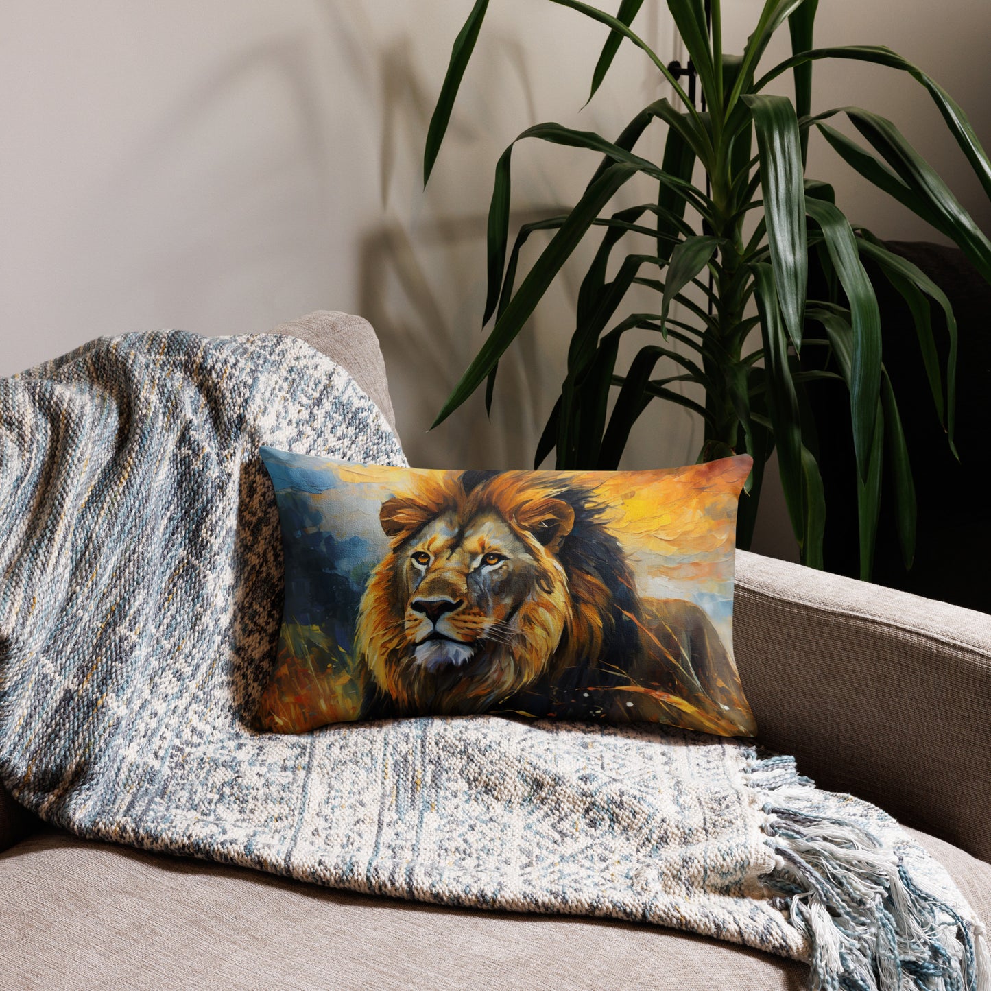 Majestic African Lion Premium Pillow - Vibrant Oil Painting Of Lion In Golden Fields Under Evening Sky - Stylish & Colorful Décor For Home