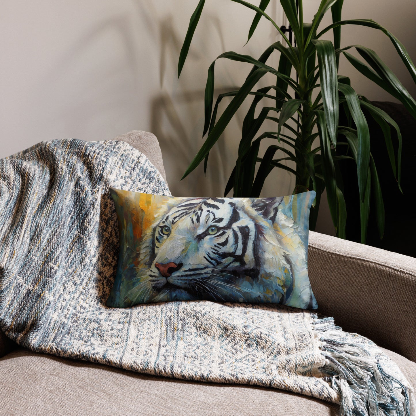 Elegant White Tiger Premium Pillow - Vibrant Oil Painting, Perfect Couch Décor For Living Rooms, Bedrooms, Offices, Nature & Wildlife Lovers