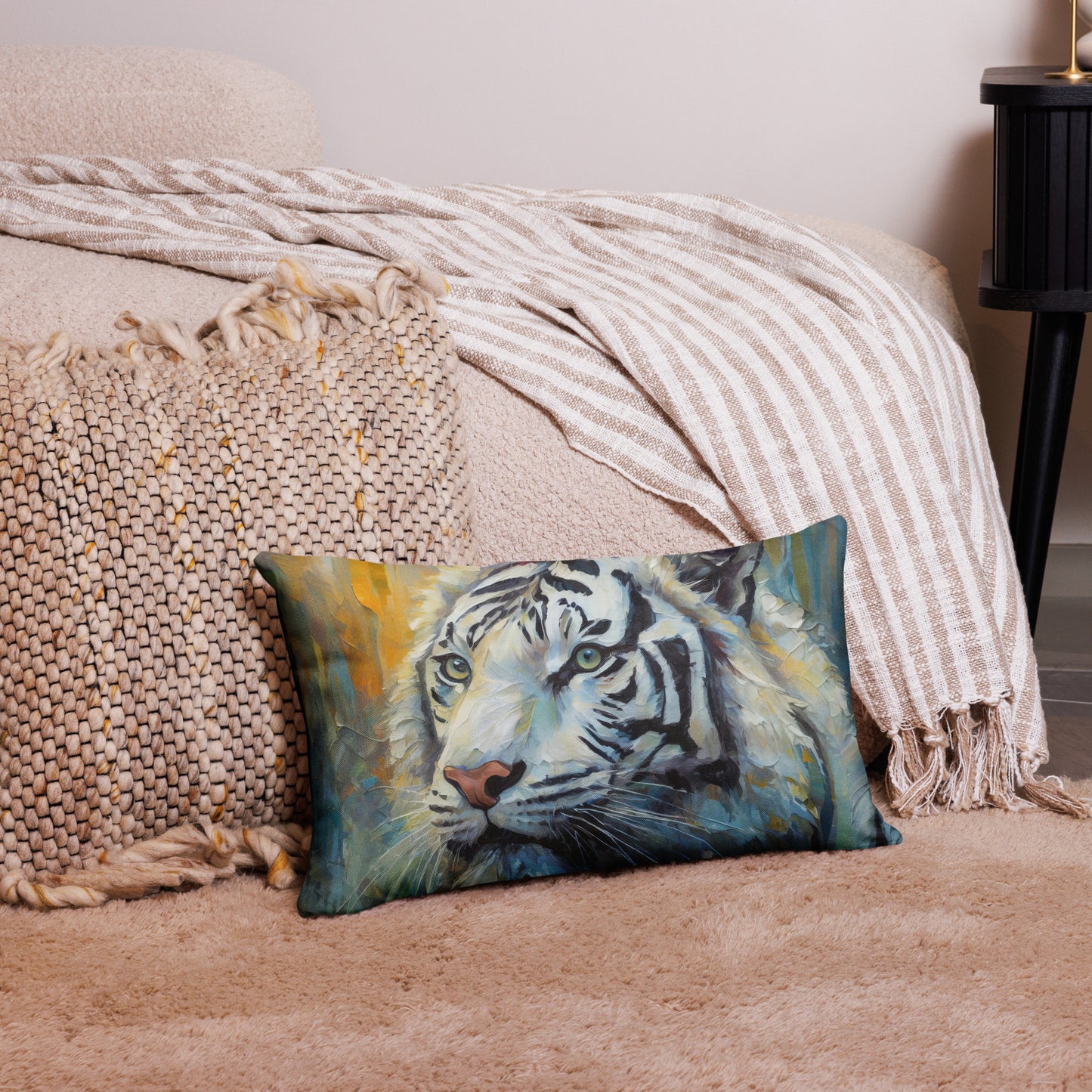 Elegant White Tiger Premium Pillow - Vibrant Oil Painting, Perfect Couch Décor For Living Rooms, Bedrooms, Offices, Nature & Wildlife Lovers