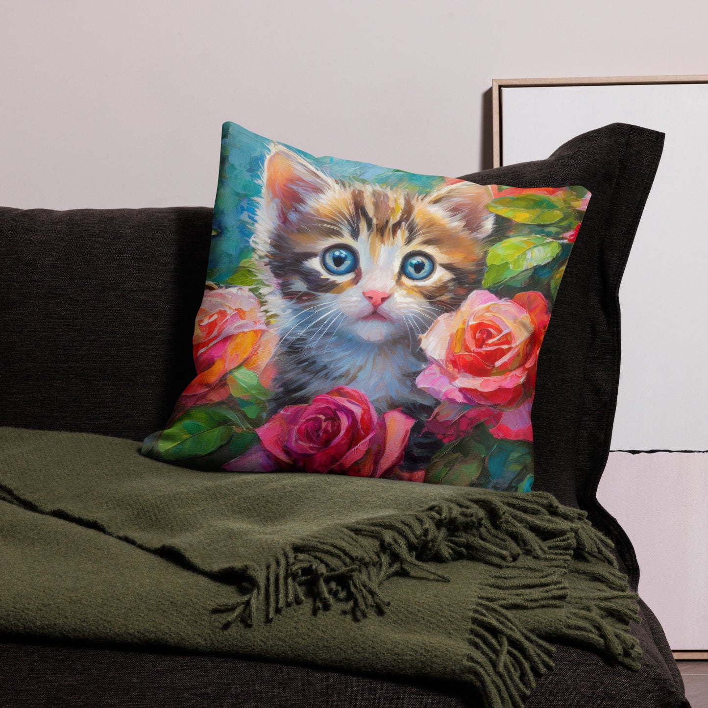 kitten, rose, rose bush, flowers, cute, cat, feline,