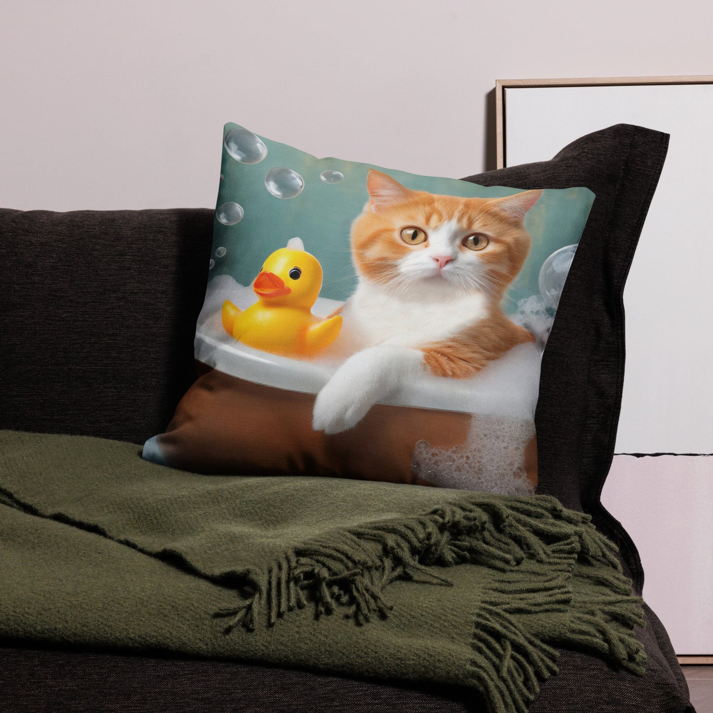 Premium Pillow With Adorable Cat Bubble Bath Print - Cute Home And Kids Bedroom Décor, Perfect Funny Gift For Cat Lovers & Pet Enthusiasts