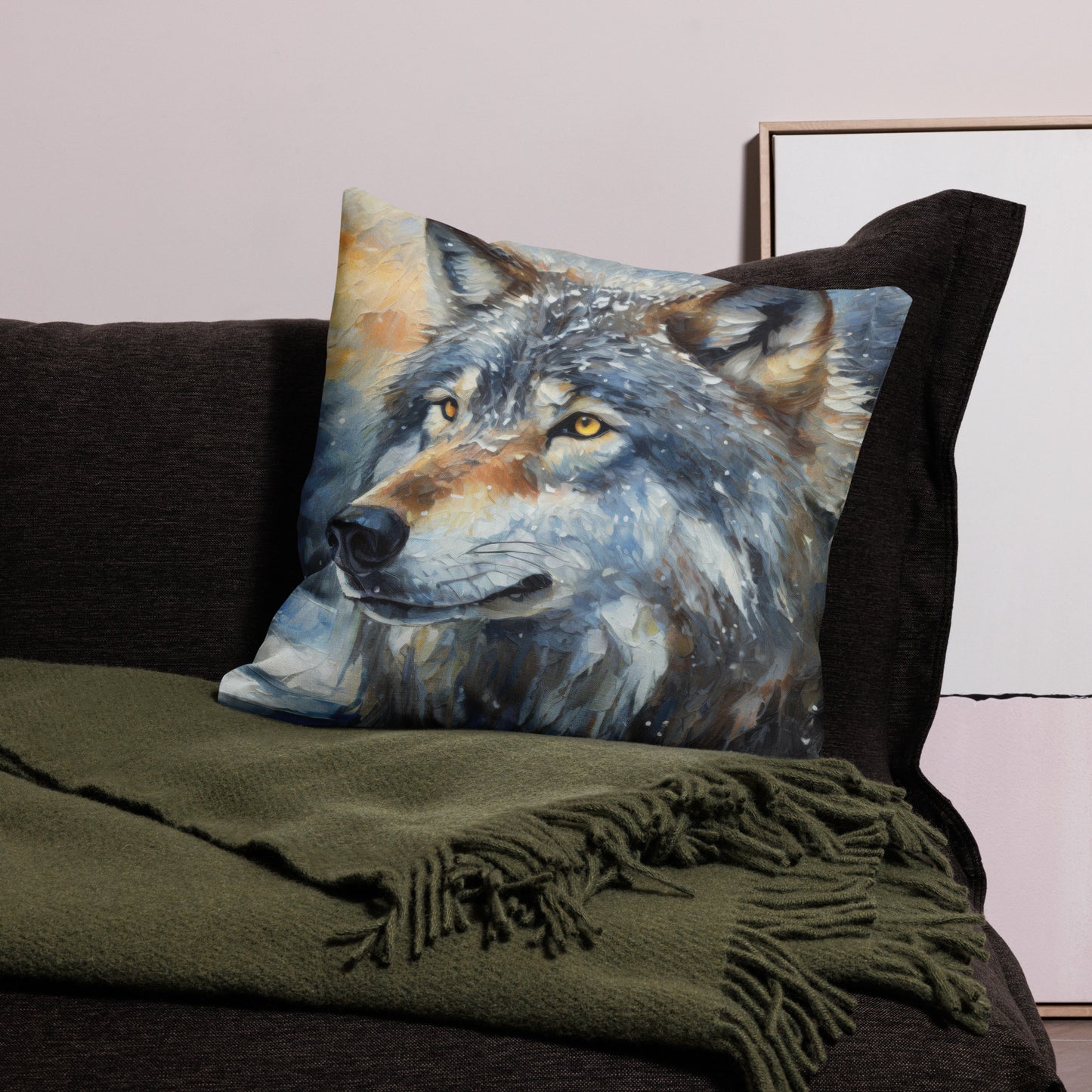 Beautiful Grey Wolf Premium Pillow - Vibrant Oil Painting, Winter Landscape, Perfect Gift For Nature & Wildlife Lovers, Home Bedroom Décor