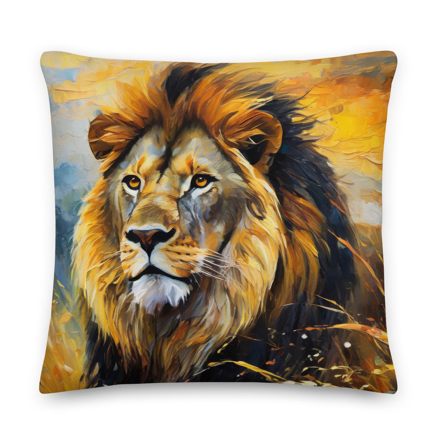 Majestic African Lion Premium Pillow - Vibrant Oil Painting Of Lion In Golden Fields Under Evening Sky - Stylish & Colorful Décor For Home