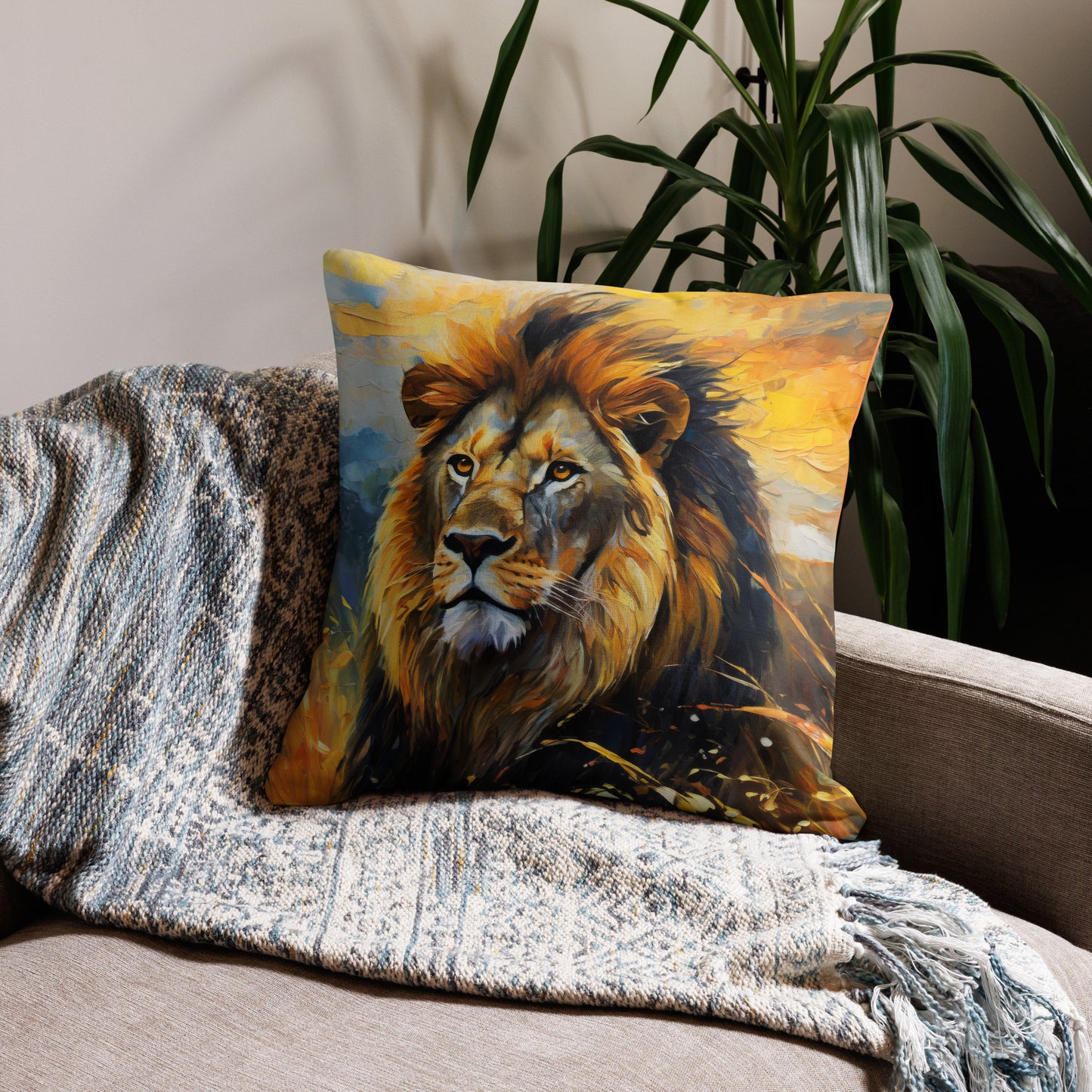 Majestic African Lion Premium Pillow Case - Vibrant, Stylish Oil Painting of Male Lion in Golden Fields Under Evening Sky - Great Gift Idea