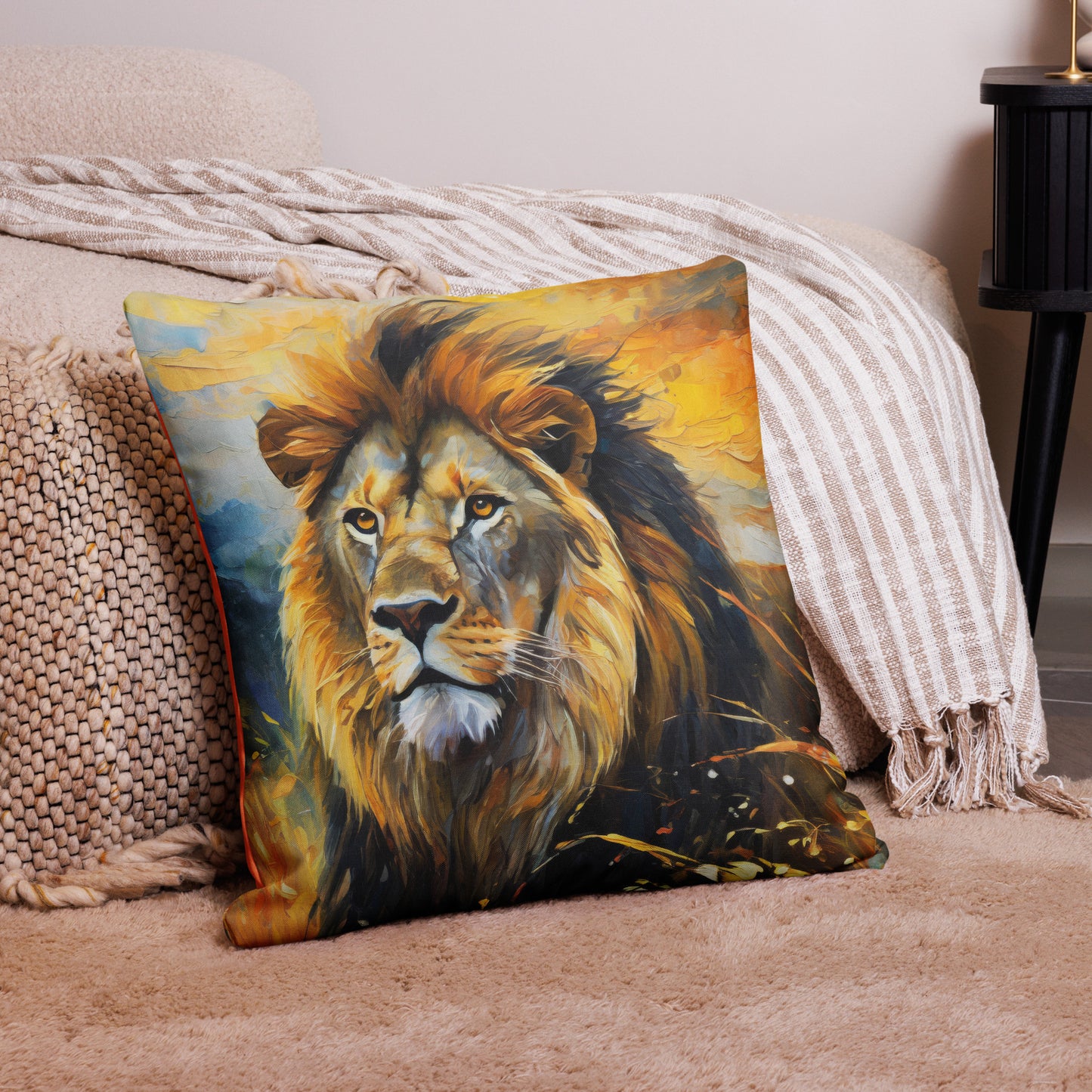Majestic African Lion Premium Pillow - Vibrant Oil Painting Of Lion In Golden Fields Under Evening Sky - Stylish & Colorful Décor For Home