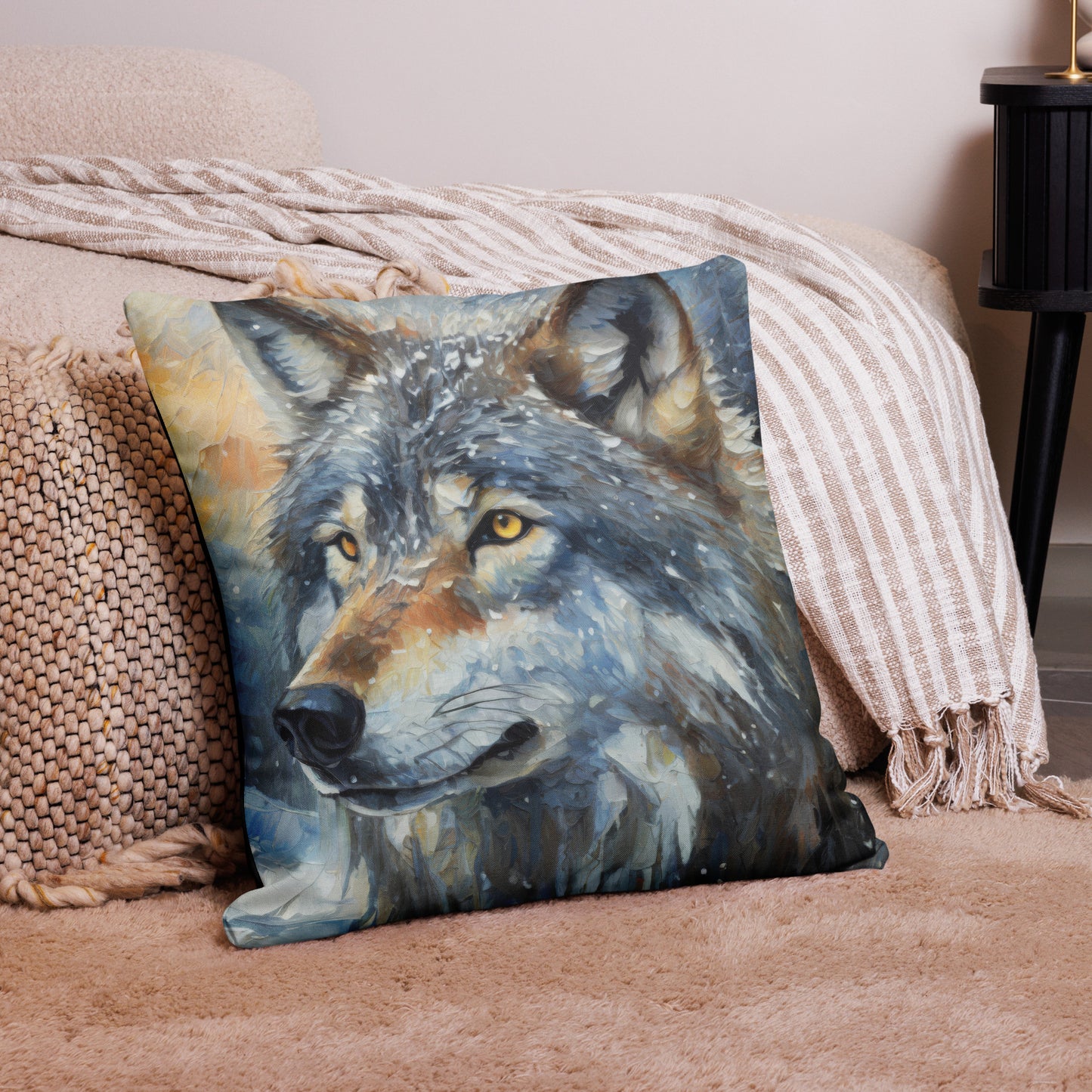 Beautiful Grey Wolf Premium Pillow - Vibrant Oil Painting, Winter Landscape, Perfect Gift For Nature & Wildlife Lovers, Home Bedroom Décor
