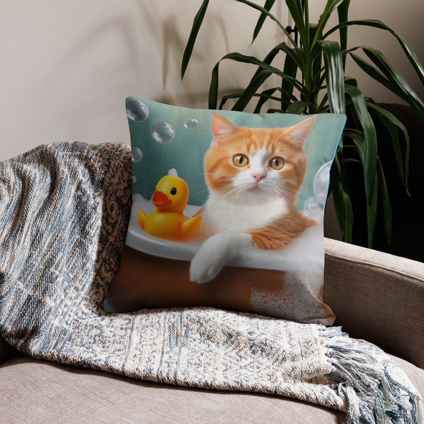 Premium Pillow With Adorable Cat Bubble Bath Print - Cute Home And Kids Bedroom Décor, Perfect Funny Gift For Cat Lovers & Pet Enthusiasts