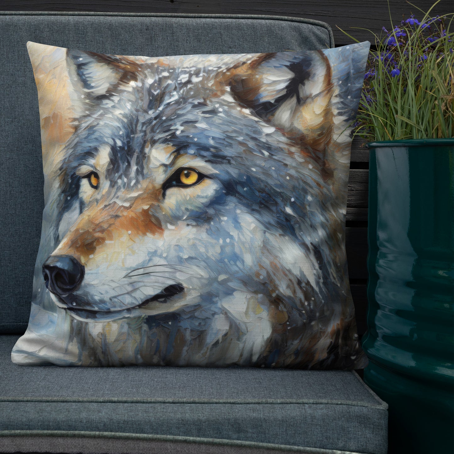 Beautiful Grey Wolf Premium Pillow - Vibrant Oil Painting, Winter Landscape, Perfect Gift For Nature & Wildlife Lovers, Home Bedroom Décor