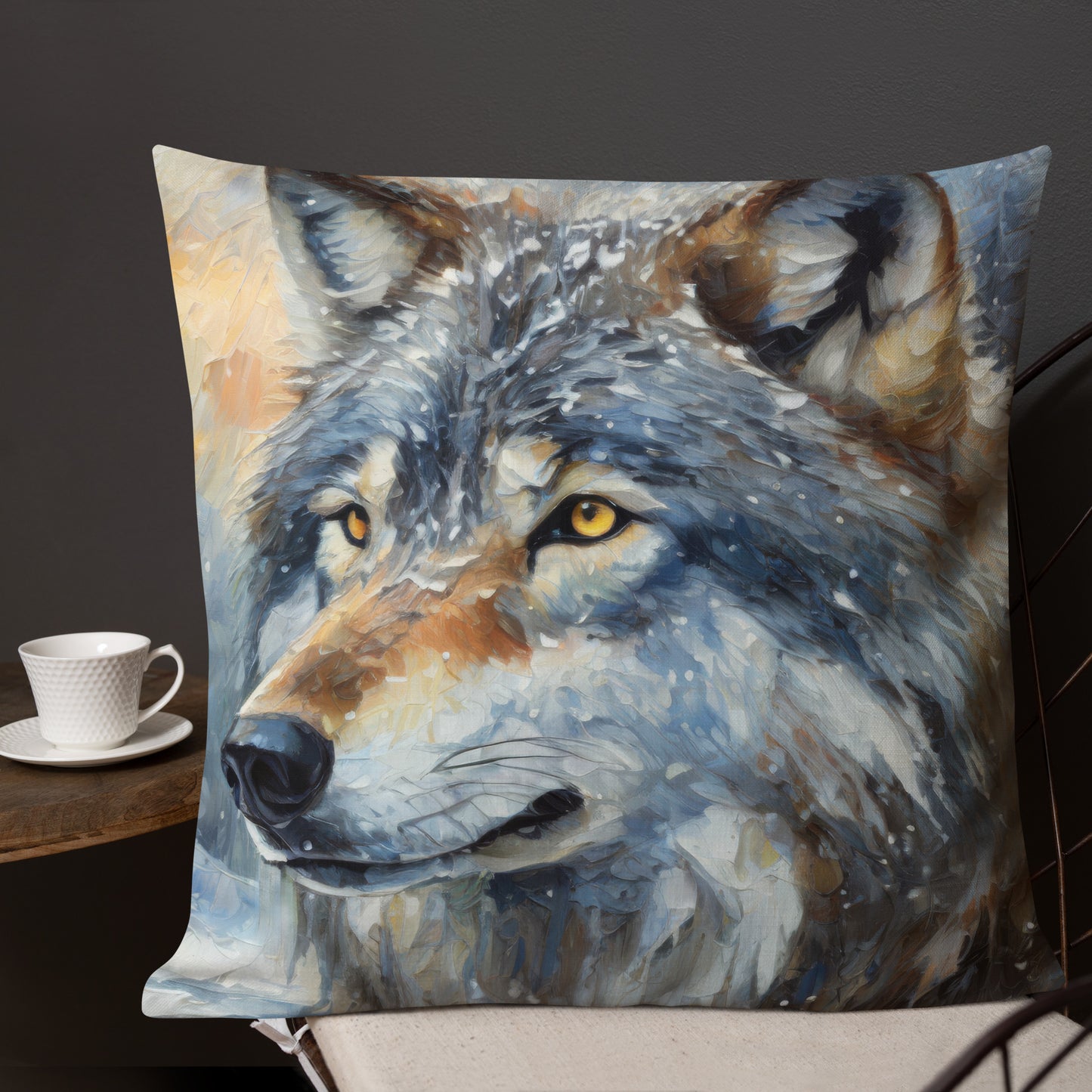 Beautiful Grey Wolf Premium Pillow - Vibrant Oil Painting, Winter Landscape, Perfect Gift For Nature & Wildlife Lovers, Home Bedroom Décor
