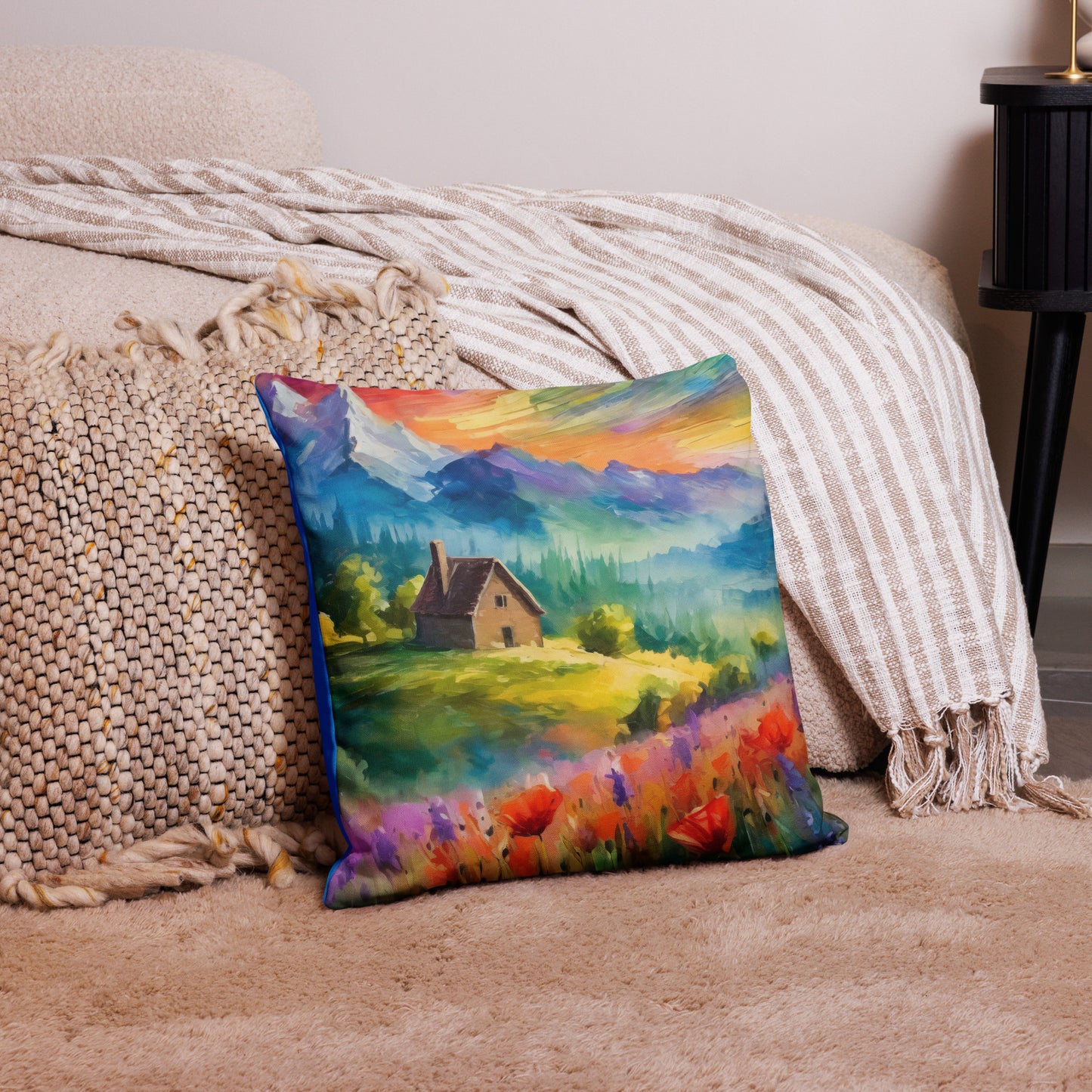 mountains, cabin, flowers, landscape, sky, field, colors, colorful,