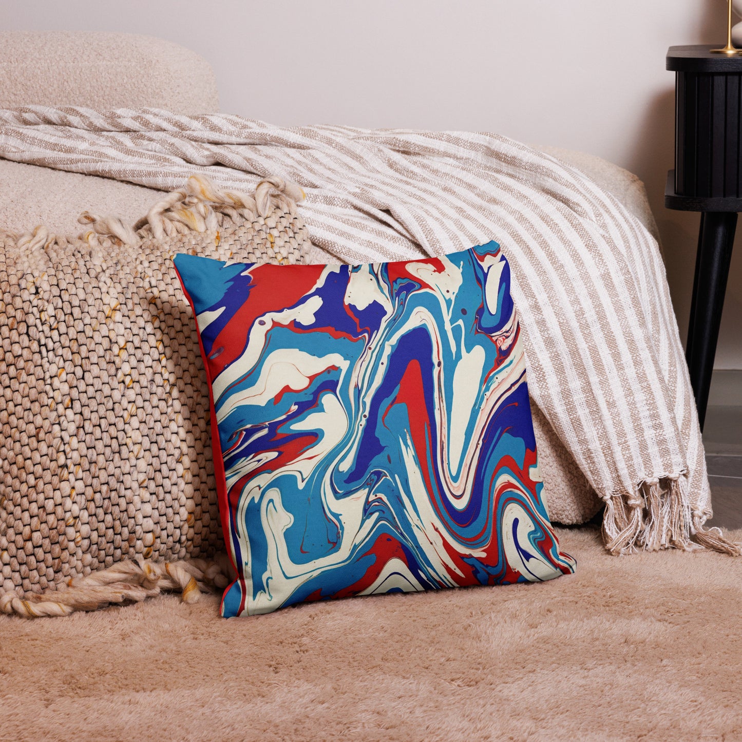 Vibrant Red, White & Blue Flow Painting Premium Pillow Case - Elegant Abstract And Modern Art Gift Décor For Home Living Rooms And Bedrooms