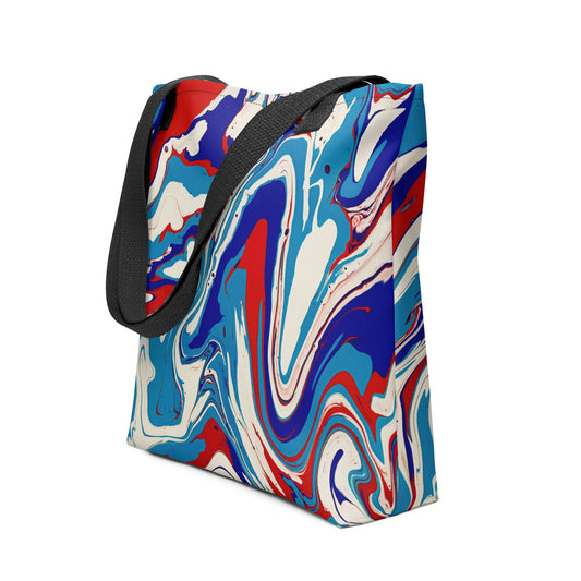 Elegant Durable Tote Bag With Vibrant Red, White, And Blue Acrylic Flow Painting - Stylish Abstract Art Gift For Everyday Use And Shopping