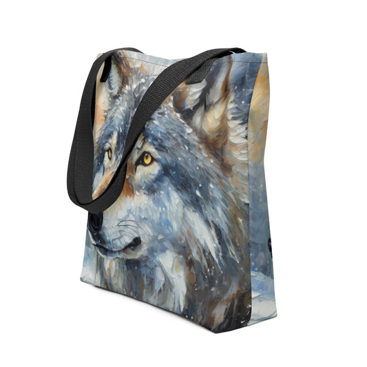 Beautiful Grey Wolf Tote Bag - Vibrant Oil Painting, Winter Landscape, Perfect Gift For Nature & Wildlife Lovers, Home Décor And Shopping