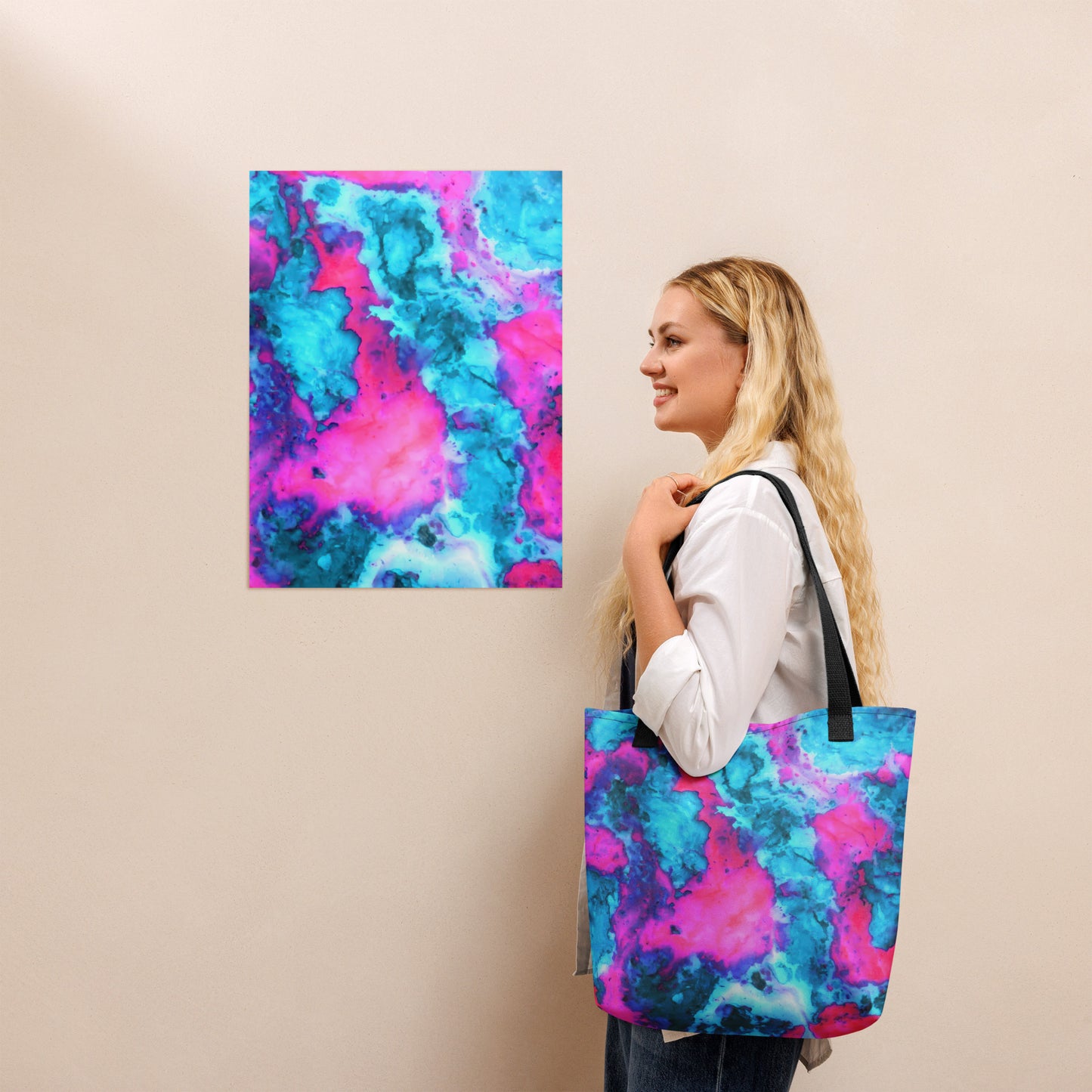 Vibrant Marble Tote Bag | Abstract Mix of Magenta & Cyan | Stylish Fine Art Accessory | Perfect for Modern Art Lovers