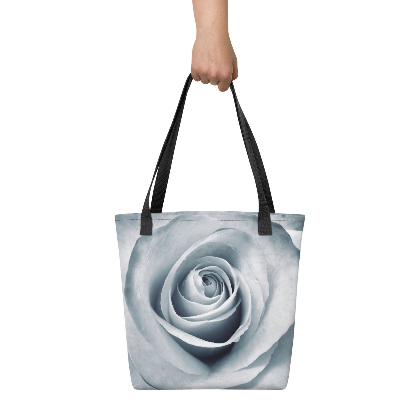 Elegant White Rose Macro Photograph On Fine Art Tote Bag | Perfect Gift For Contemporary Art, Nature, Flower & B&W Photography Lovers